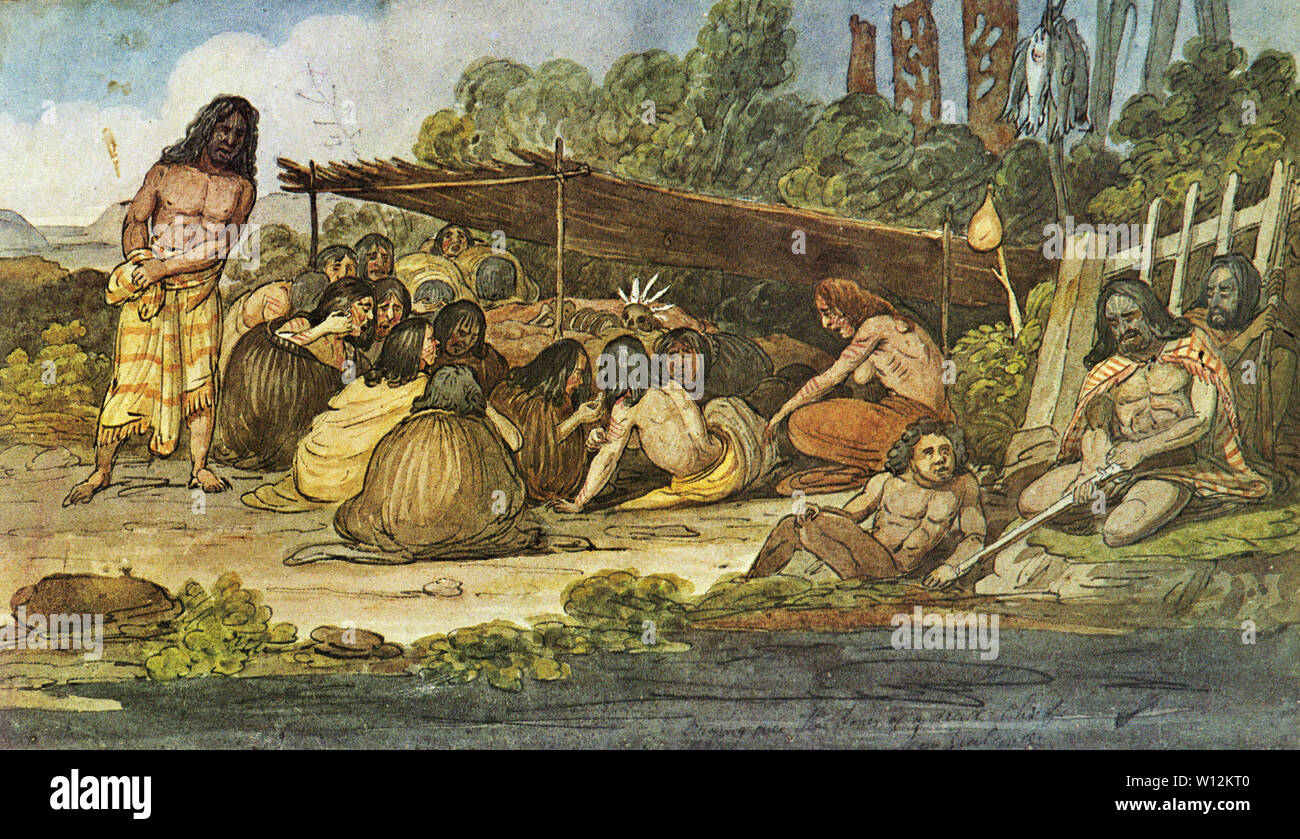 Aquarell von Dorfbewohnern und Familie über die Knochen von einem Vati chief in Neuseeland von August Graf, 1827 Weinen Stockfoto