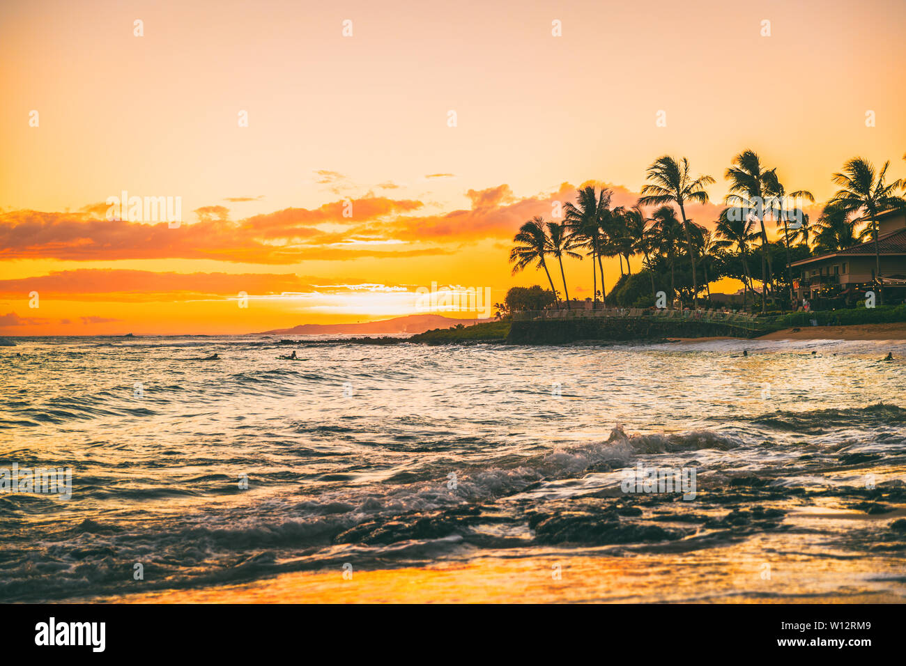 Hawaii Beach Sunset Sommer Paradies Ferienhäuser Landschaft. Stockfoto