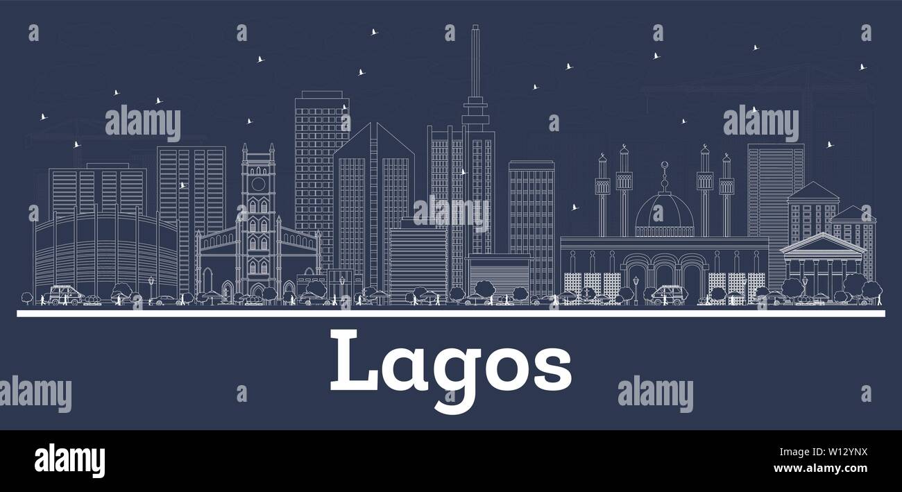 Umrisse Lagos Nigeria Skyline der Stadt mit weißen Gebäuden. Vector Illustration. Business Travel und Tourismus Konzept mit historischer Architektur. Stock Vektor