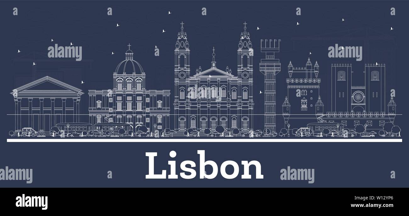 Übersicht Lissabon Portugal City Skyline mit weißen Gebäuden. Vector Illustration. Business Travel und Tourismus Konzept mit historischer Architektur. Stock Vektor