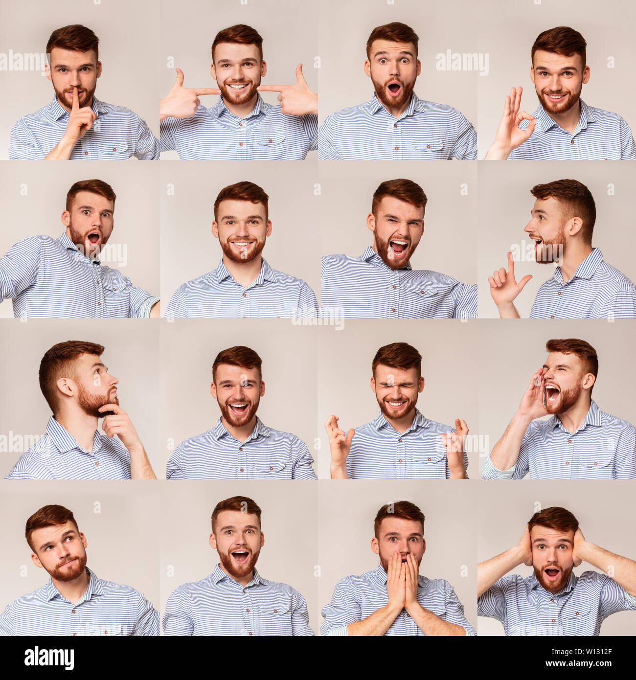 Collage von jungen Kerl Porträts mit unterschiedlichen emotins Stockfoto