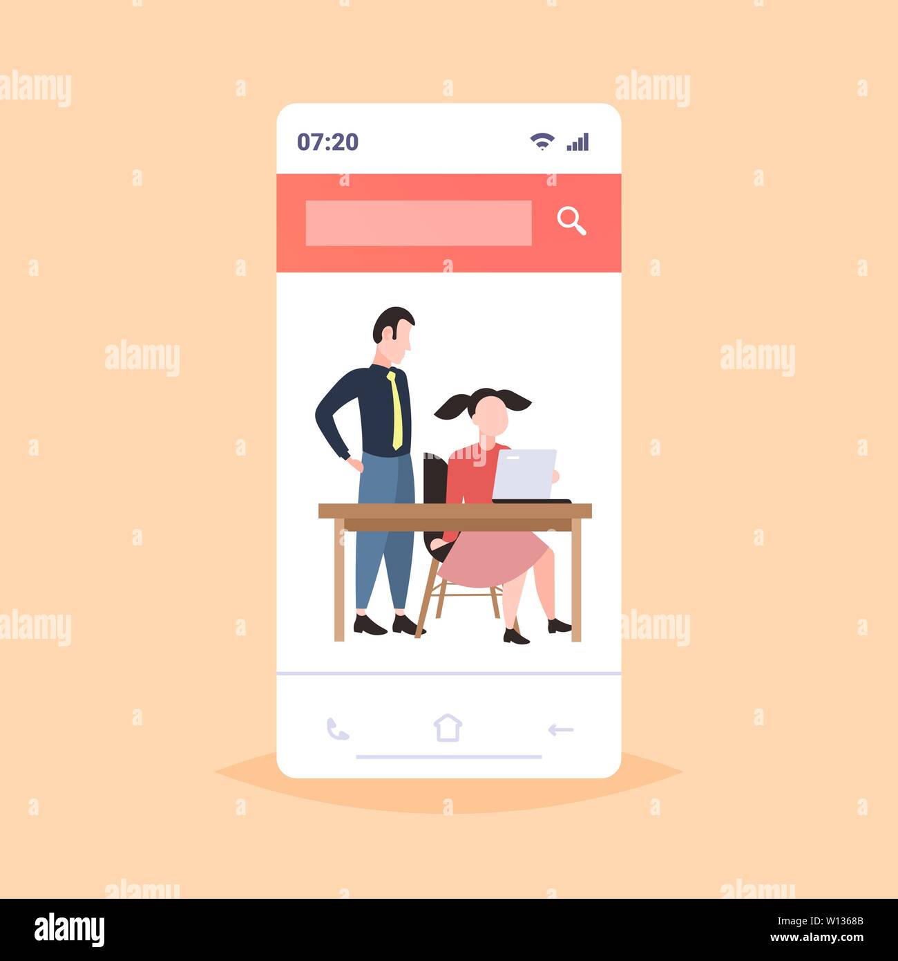 Paar Geschäftsleute mit Laptop am Arbeitsplatz Schreibtisch Geschäftsfrau mit männlichen Assistenten Brainstorming zusammen arbeiten Teamarbeit Begriff Smartphone scre Stock Vektor