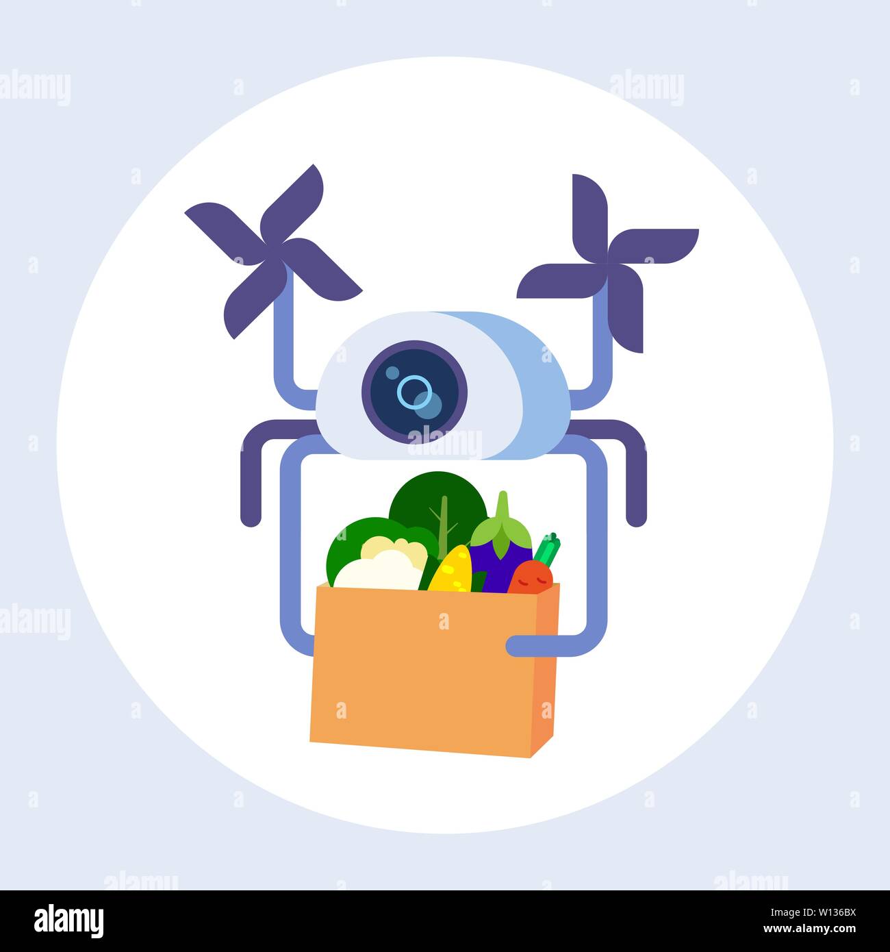 Drone die Paketbox mit Lebensmitteln quadcopter Transport Versand Paket Air Express food Konzept flachbild Vector Illustration Stock Vektor