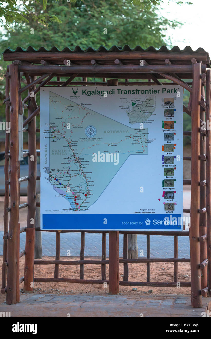 Kgalagadi Transfrontier Park Tourist Informationen und tierischen Sichtung Karte im Freien, ist interaktiv und zeigt, wo Tiere gesichtet wurden. Stockfoto