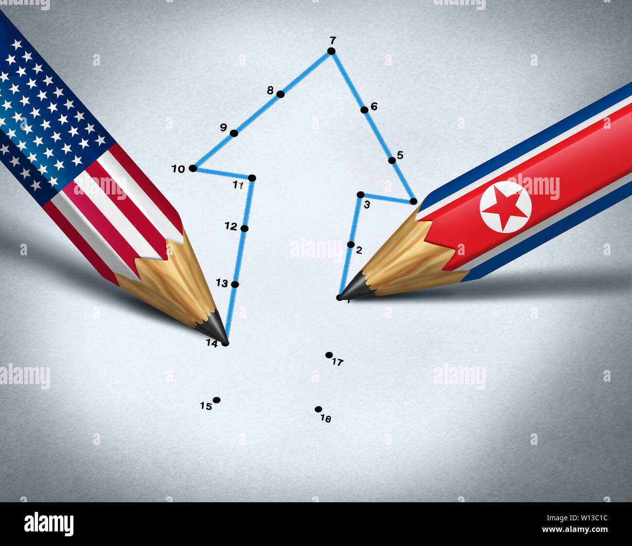 Nordkorea Usa Gipfeltreffen als diplomatische Beziehungen zwischen Nord Koreanische und amerikanische Führung nukleare Verhandlungen. Stockfoto