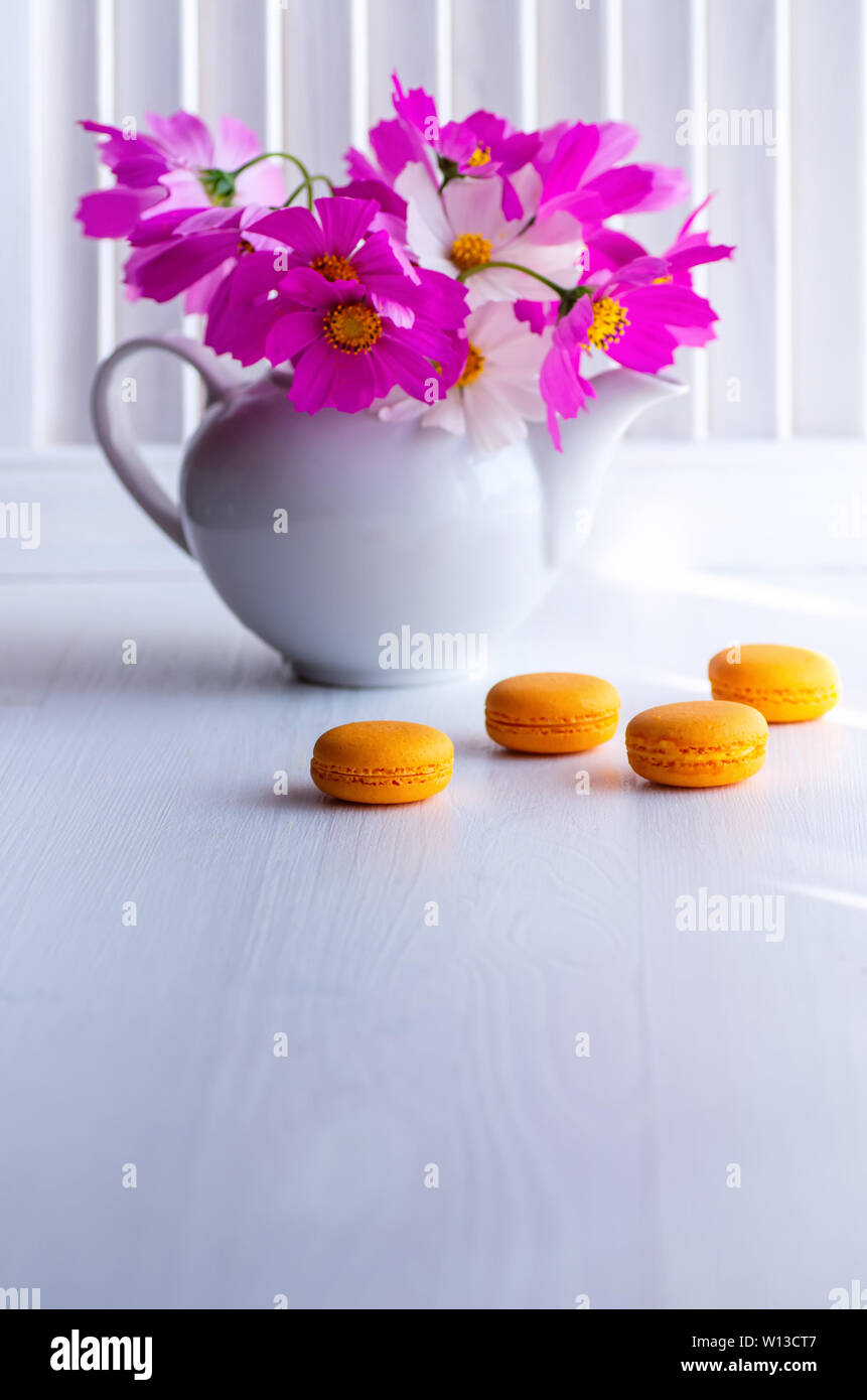 Romantische Szene der Kaffee moment, Blume Teekanne und Makronen, hellen Hintergrund Stockfoto