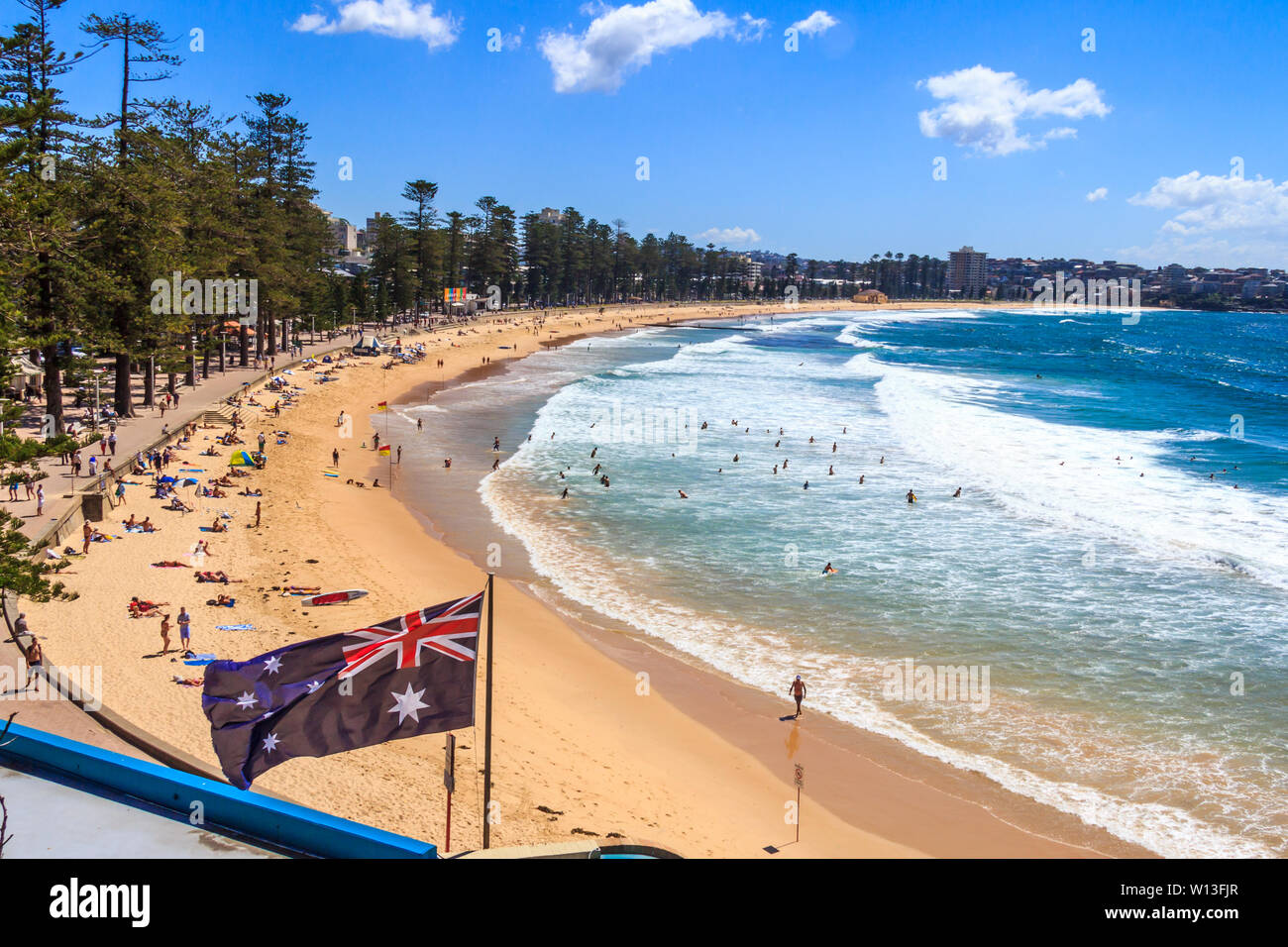 Australische Flagge und Manly Beach, Sydney, Australien Stockfoto