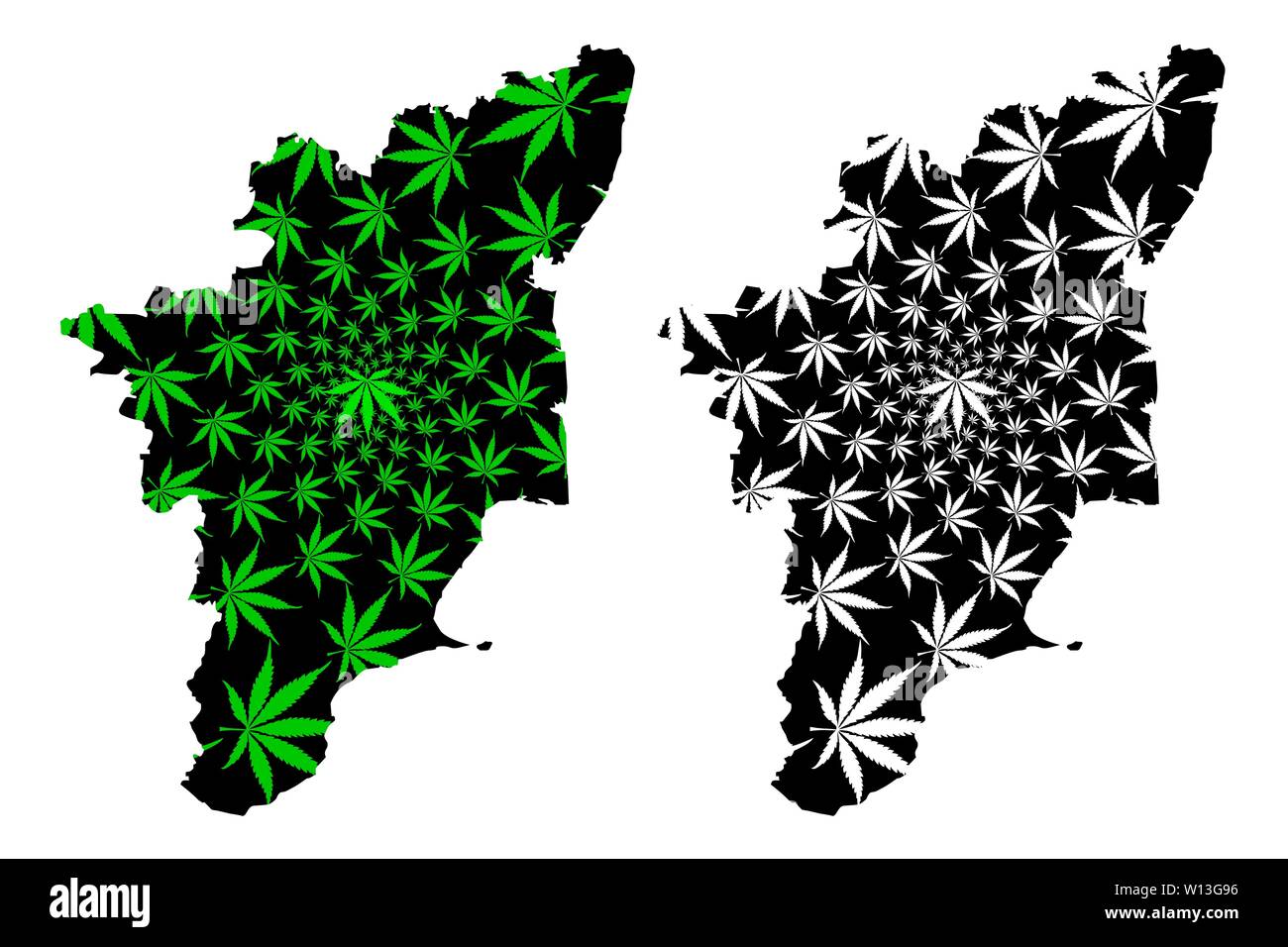 Tamil Nadu (Indien, Föderierte Staaten, Republik Indien) Karte ist Cannabis blatt grün und schwarz gestaltet, Tamil Nadu (Madras) Karte ma Stock Vektor