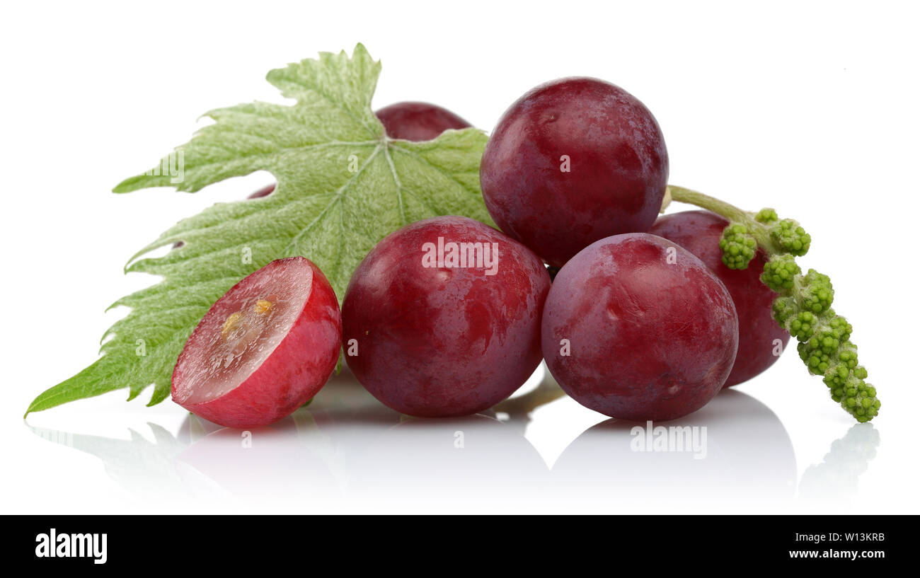 Frische rote Trauben mit Blatt auf weißem Hintergrund Stockfoto
