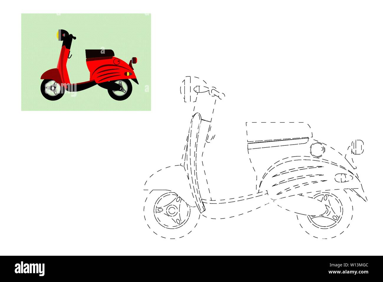 Färbung. Einfache Lernspiel für Kinder. Vector Illustration eines Motorroller Stock Vektor