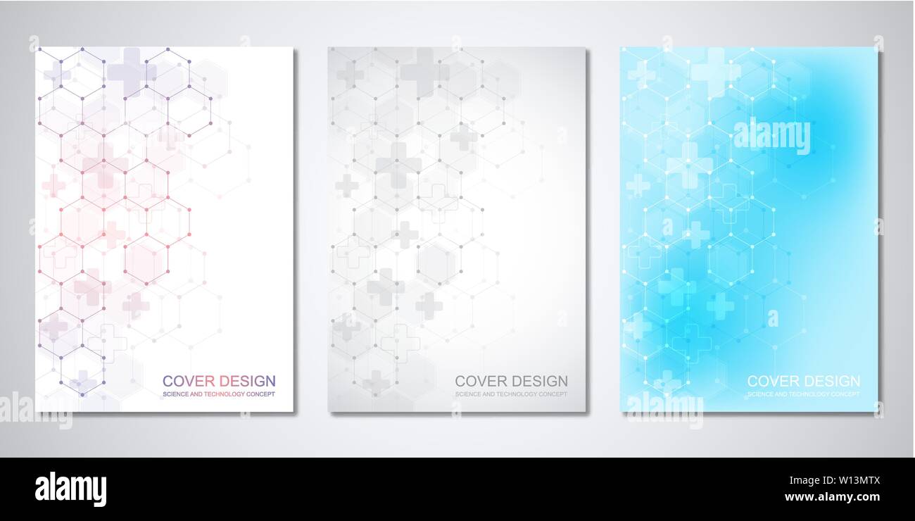 Vektor Vorlagen für Brief oder eine Broschüre mit abstrakten Sechsecke Muster. Konzepte und Ideen für die Medizintechnik, healthcare Technologie, Innovation Medizin, sci Stock Vektor