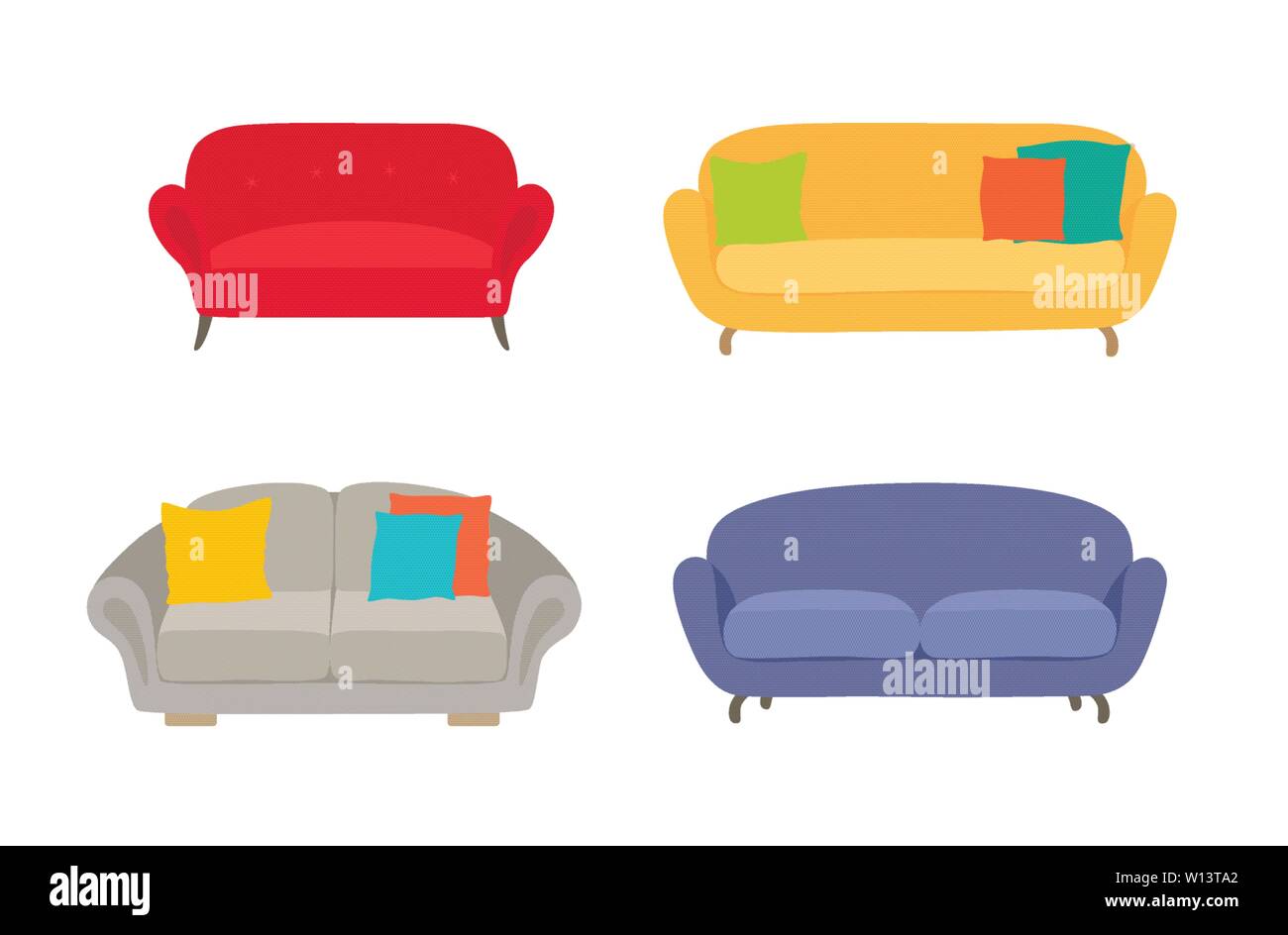 Sofa farbige Vektor einrichten. Gemütliche Couch Sammlung auf weißem Hintergrund für Interior design isoliert. Stock Vektor
