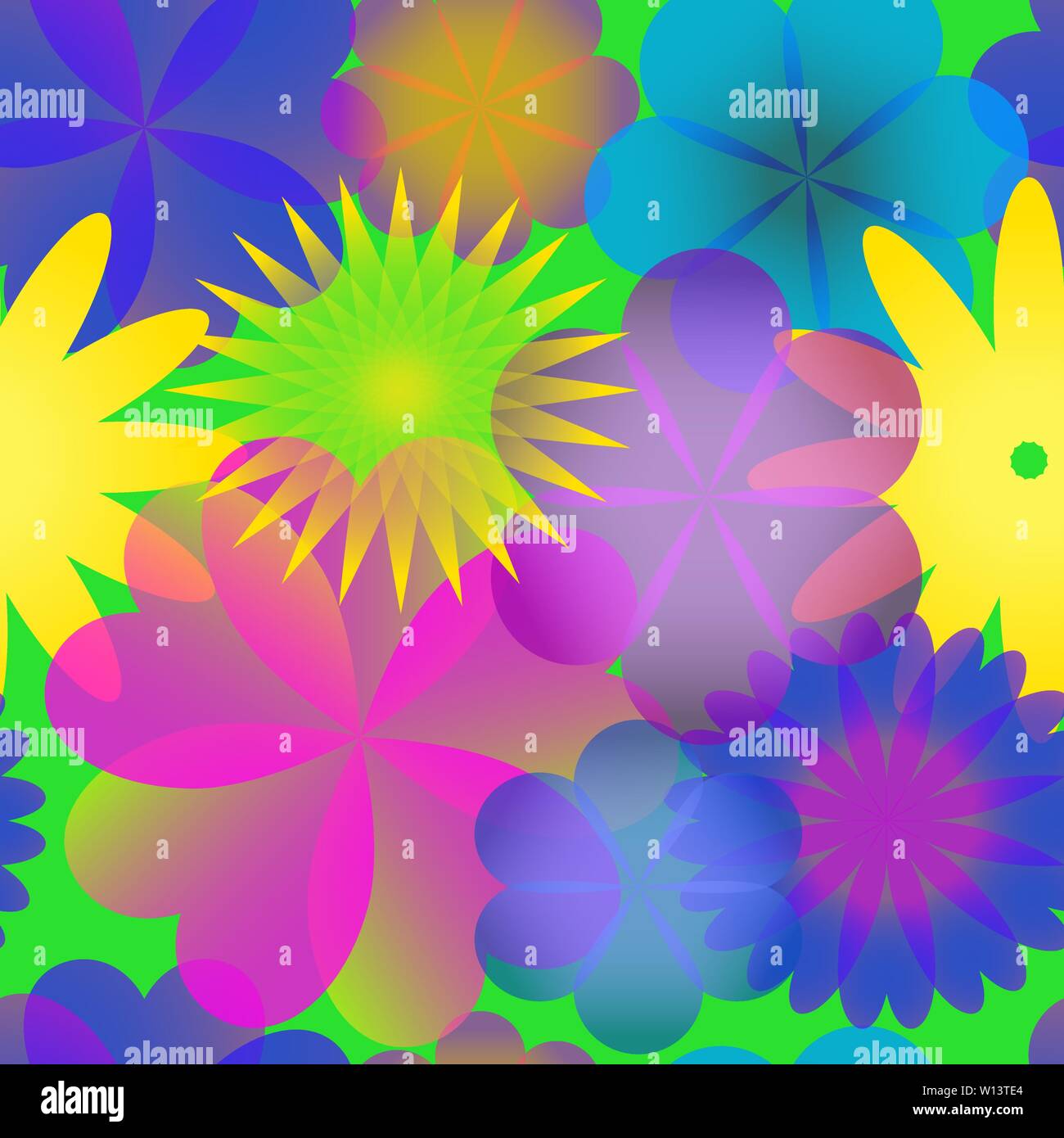 Abbildung mit transparenten Fantasie Blüten in blau, rosa und gelbe Farbtöne auf grünem Hintergrund, nahtlose Muster Stock Vektor