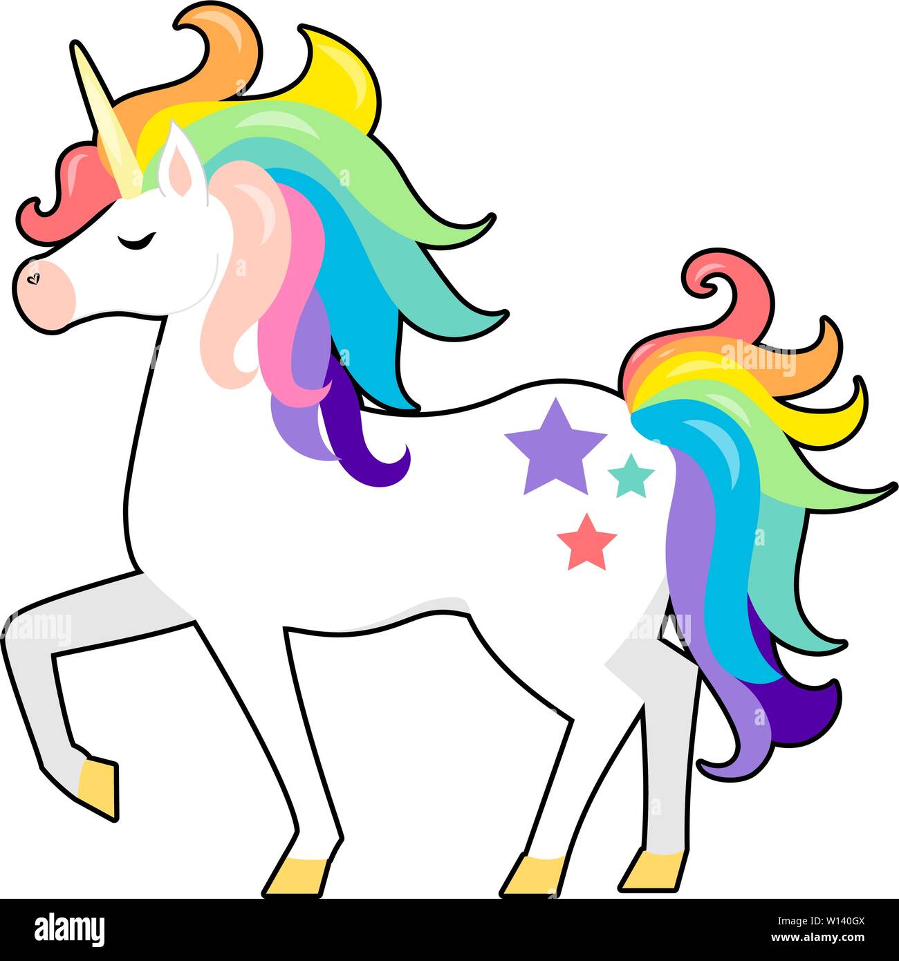 Süße Einhorn weißes Pferd mit Gold Horn und Schönheit rainbow Haar. Design für Kinder Karte, t-shirt. Mädchen, Junge, magic Konzept. Auf weissem backgroun Isoliert Stock Vektor