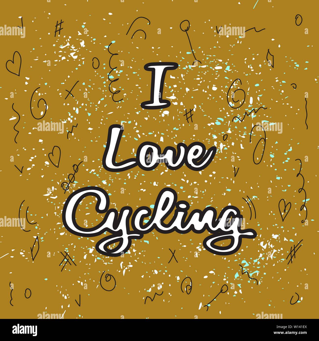 Senf Farbe Hintergrund. Chaotische schwarz Doodles und bunten Teilchen. Weiße Schrift auf der Oberseite - ich Liebe Radfahren. Kreatives Design für bike Fans. Cyclin Stock Vektor