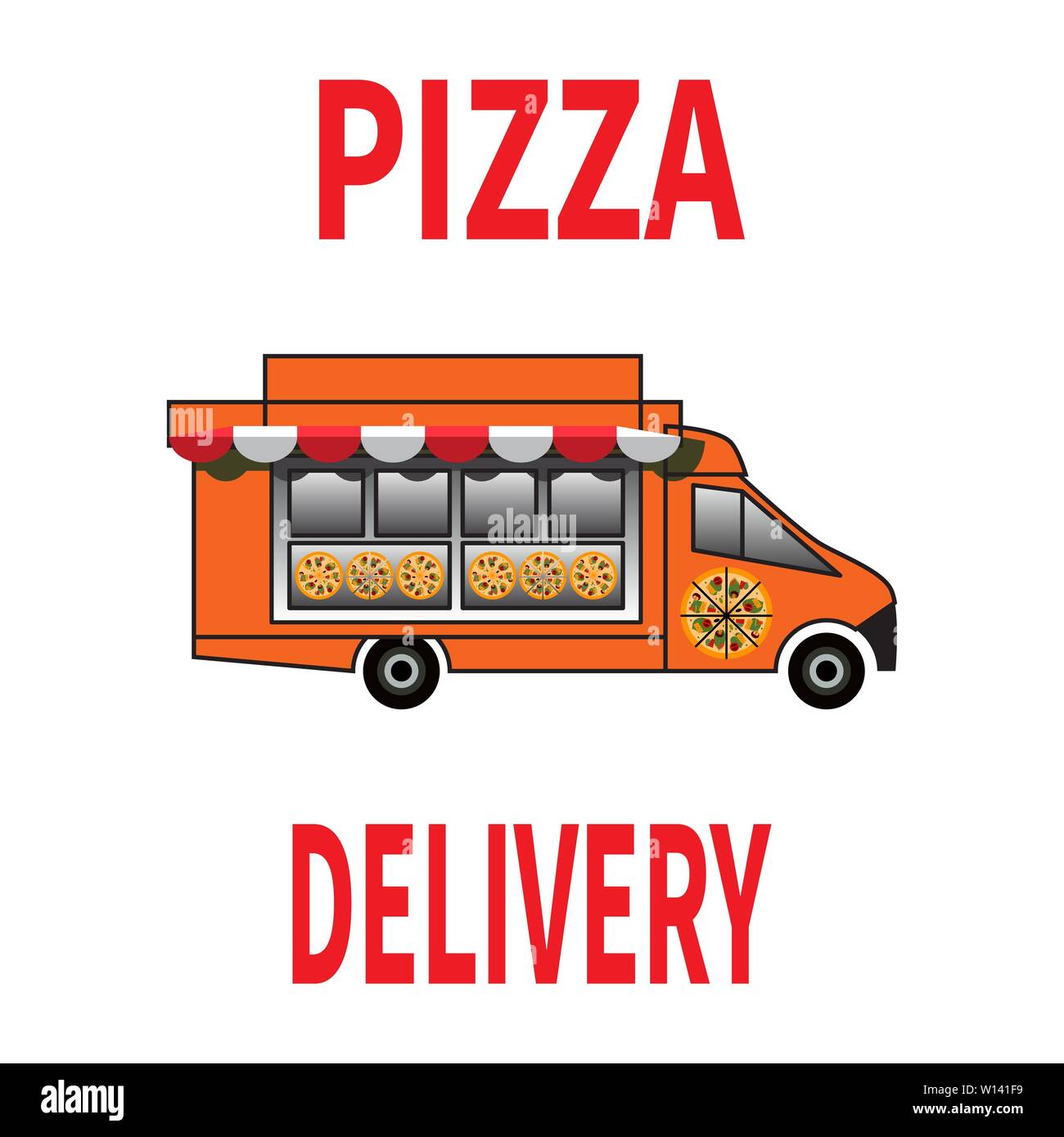 Pizza Delivery Auto. Pizza Truck mit einem Showcase. Sunshede über dem Schaufenster. Vector Illustration auf weißem Hintergrund. Design für Web, Site, Anzeige Stock Vektor