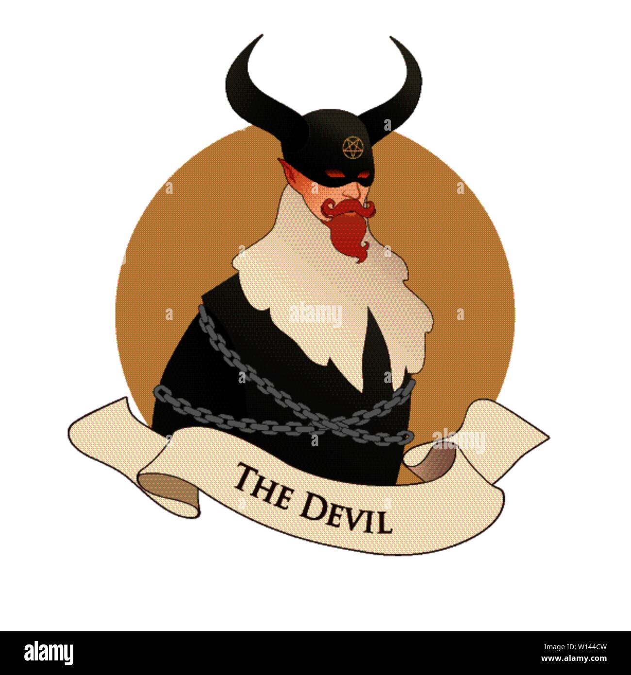 Major arcana Emblem Tarot Karte. Der Teufel. Mann mit einer Maske und große Hörner, Schnurrbart, Spitzbart und anspruchslosen Kleider aus alten Zeiten. Daemon Augen und Kette Stock Vektor