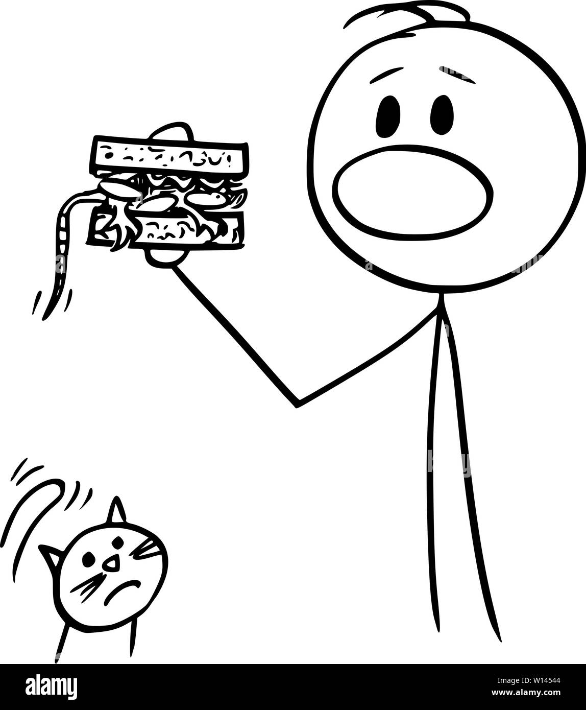 Vektor cartoon Strichmännchen Zeichnen konzeptionelle Darstellung der Mann sandwich versehentlich Essen mit der Maus innerhalb, unglückliche Katze ist und ihn beobachtete. Stock Vektor