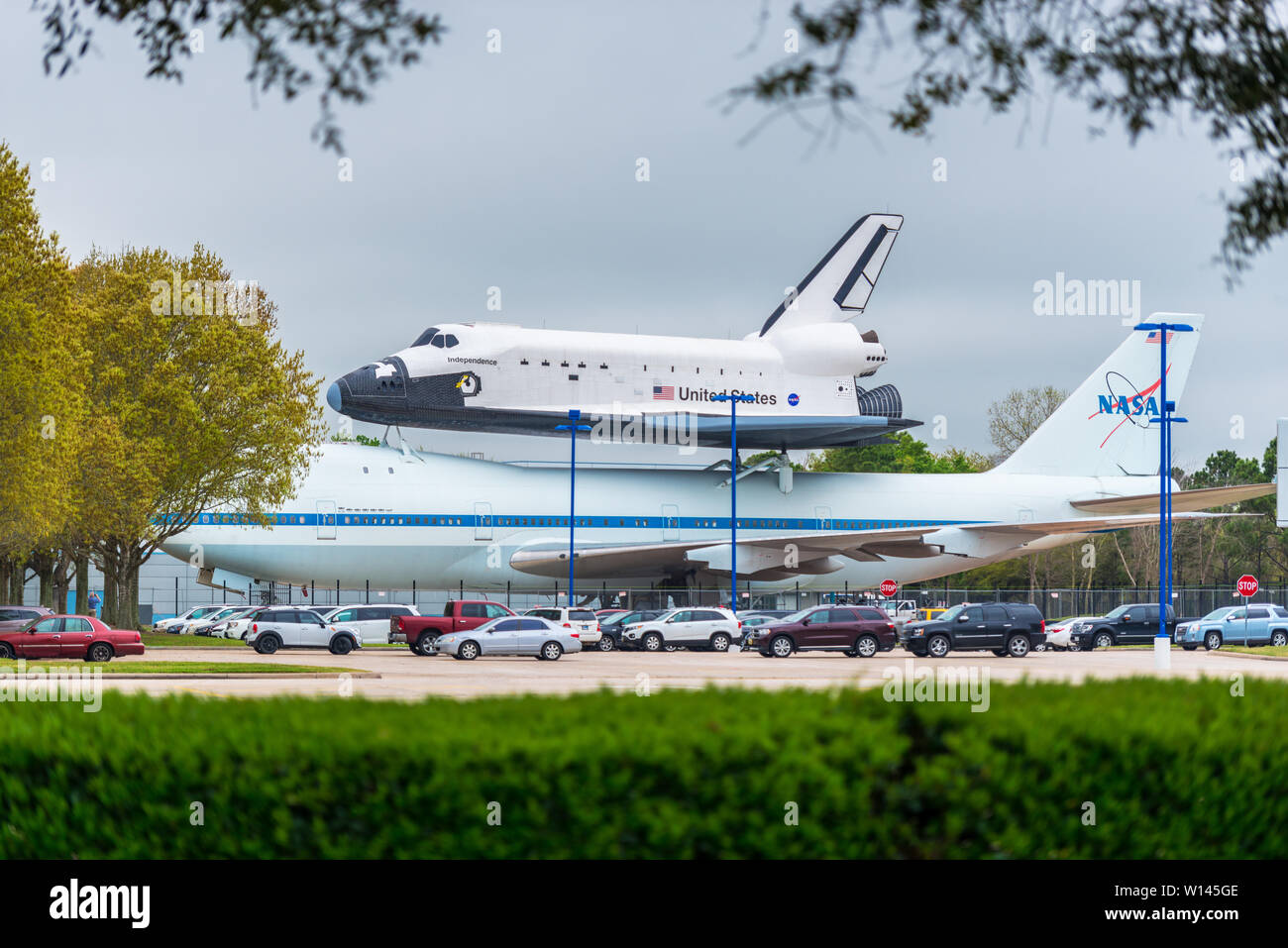 Space Shuttle Unabhängigkeit und Shuttle Carrier Aircraft im Johnson Space Center in Houston, USA Stockfoto