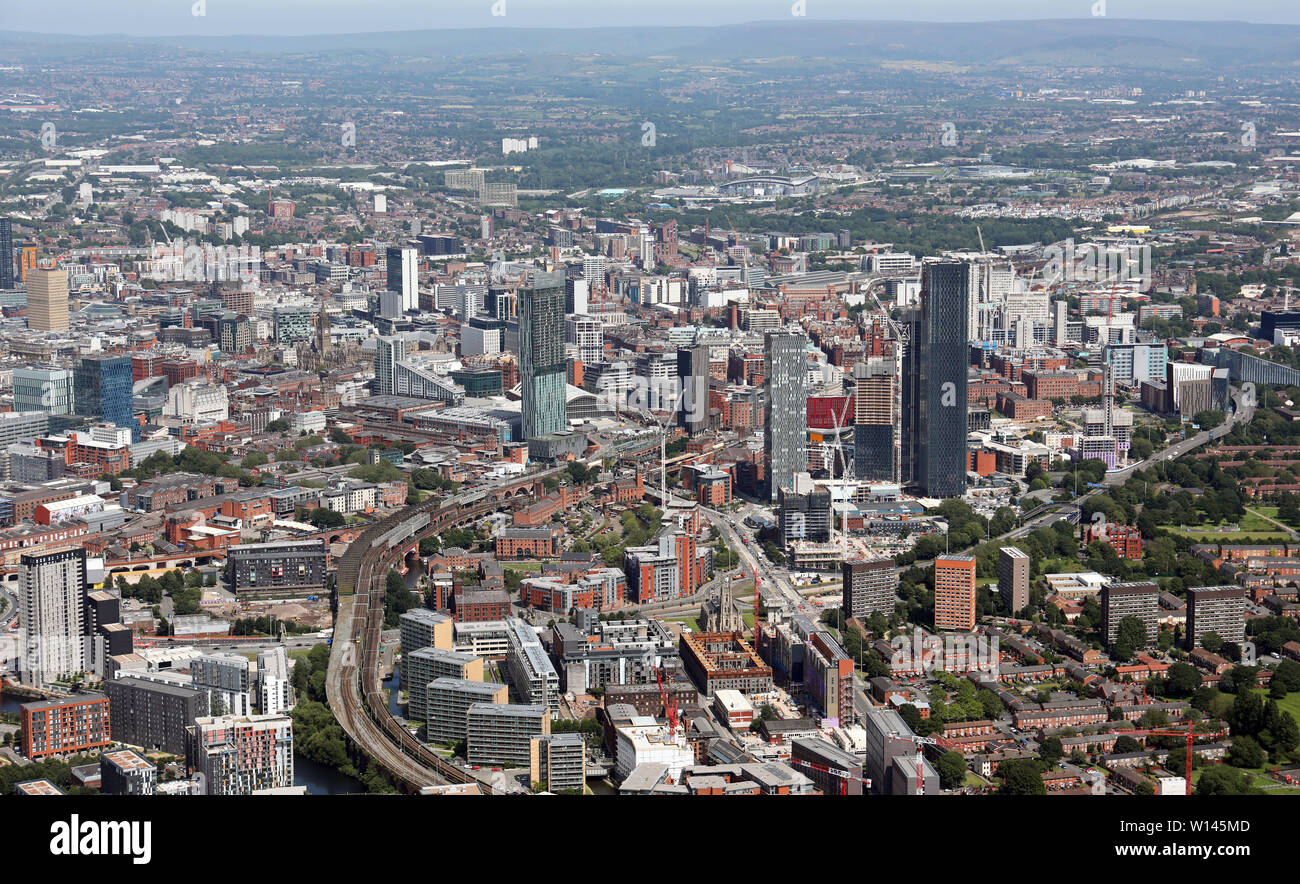 Luftaufnahme von Manchester City Centre, Juni 2019 Stockfoto