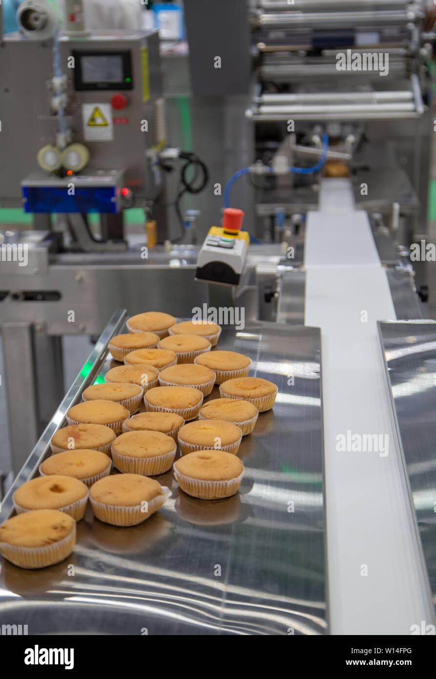 Brot, Toast, Brötchen Kunststoff Verpackungsmaschine auf Bäckerei Produktionslinie Stockfoto