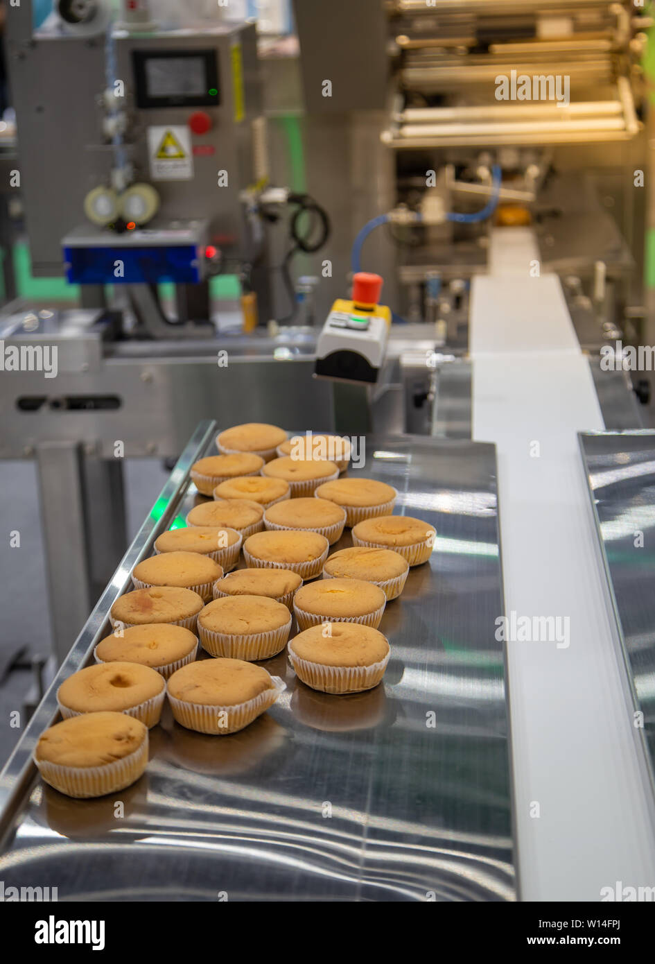 Brot, Toast, Brötchen Kunststoff Verpackungsmaschine auf Bäckerei Produktionslinie Stockfoto