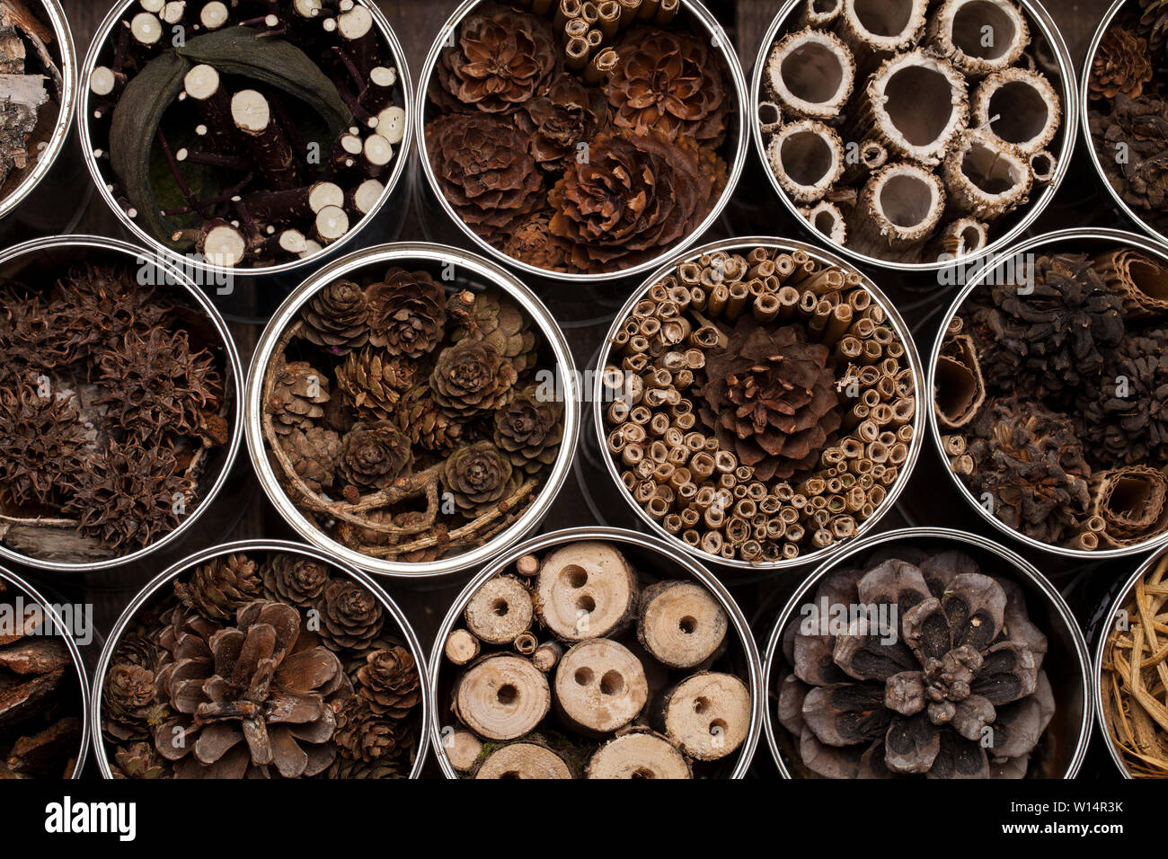 Insekt Haus - Hotel, aus Dosen von Kaffee und verschiedenen Holz- und Pflanzen Teile Stockfoto