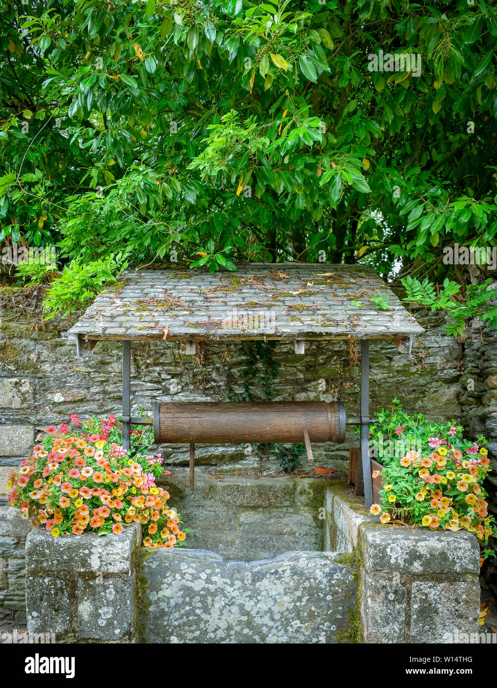 Alten Brunnen von bunten Blumen umgeben in Rochefort-en-Terre, Bretagne Stockfoto