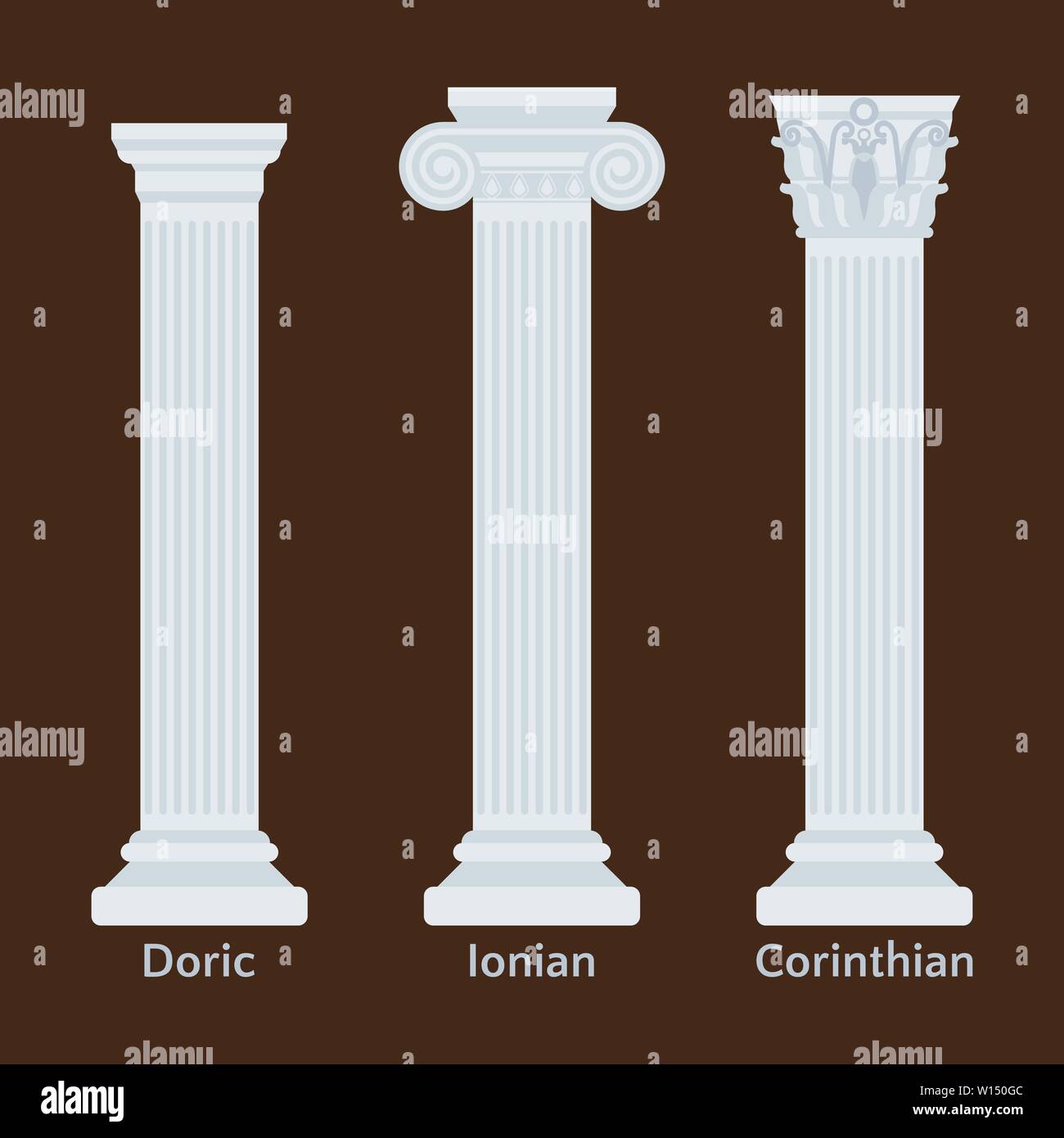 Antike griechische Säulen flachbild Symbole. Arten von Dorischen, ionischen und korinthischen