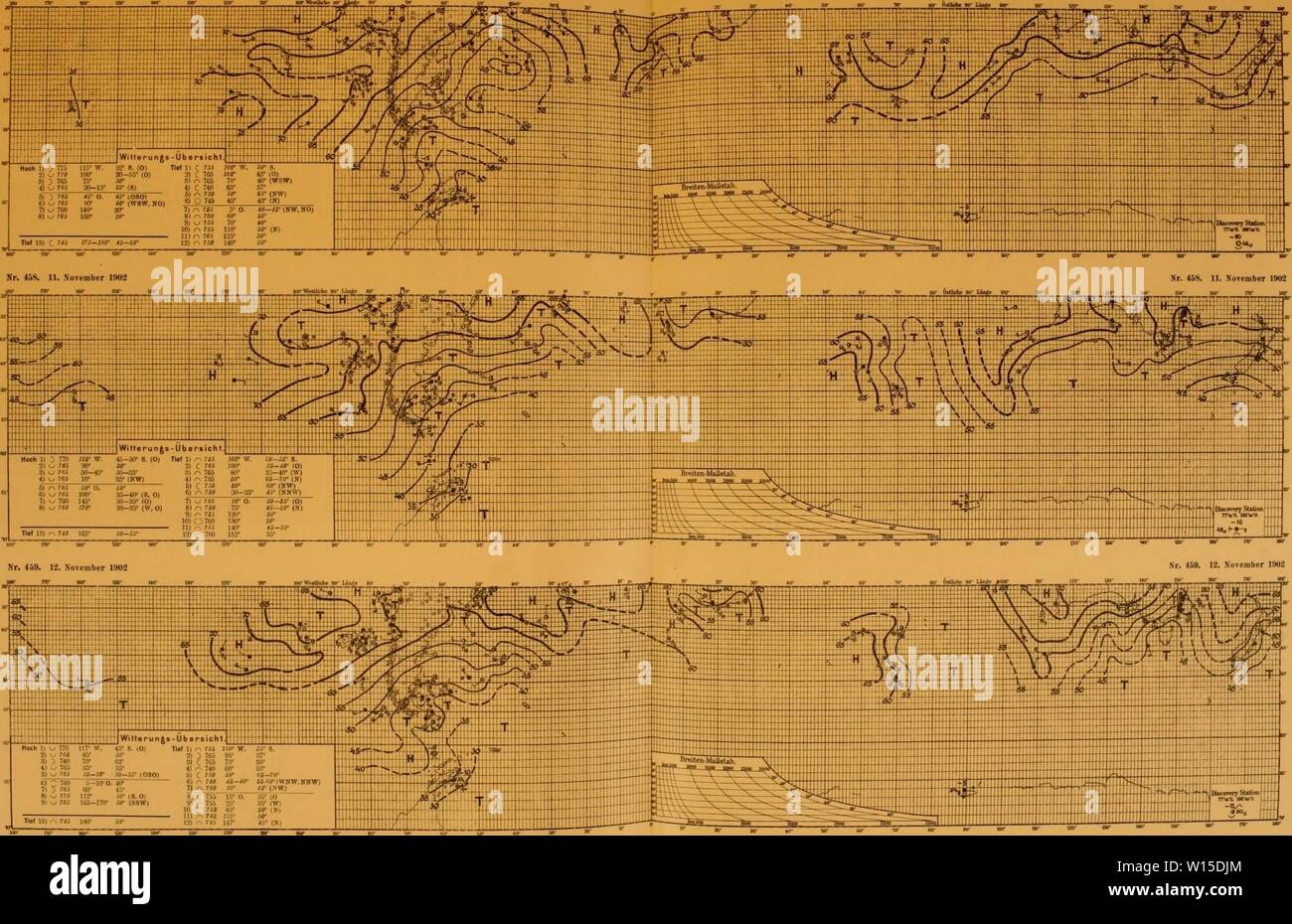 Archiv Bild ab Seite 140 der Deutschen Südpolar-Expedition, 1901-1903, im, Aufträge. Deutsche SÃ¼dpolar-Expedition, 1901-1903, im, Aufträge des Reichsamtes des Innern. deutschesdpola1210 5Mose Jahr: 1910 Deutsche SÃ¼dpolar-Expedition 1901 - 3 Nr. 4 ST. 10. November 1902 HO'tun - Meteorologischer Attas. Tafel 153, Nr. 457, 10. 1902 Xoiemher Hoch li â 770 117' w. 4:: S. (O) 2) w7CS 85 3 5 740 70'02 35 rÃ¼''; s-Nr: o-3. R< Oao) i BÃ â-lVf "O. 40° 7) 5'â Â"r Uj 8) w770 11' J.Ã¤ Ã¶ Â" (8.0) 9 i w 7 À 5 165-170 '30' (SSW) Tief 18) 75 IP-r. v, i.v U;: V iO-X? (W) LI) 7 JJ ich Ãff 13) R "Ui i Stockfoto