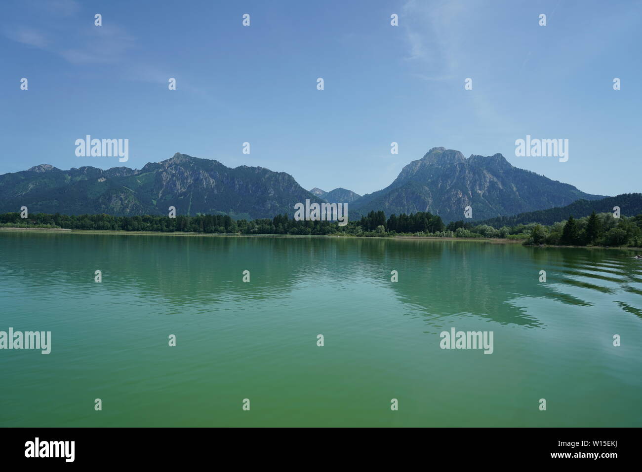 Schloss Neuschwanstein liegt am Fuße des Forggensee in Bayern Stockfoto