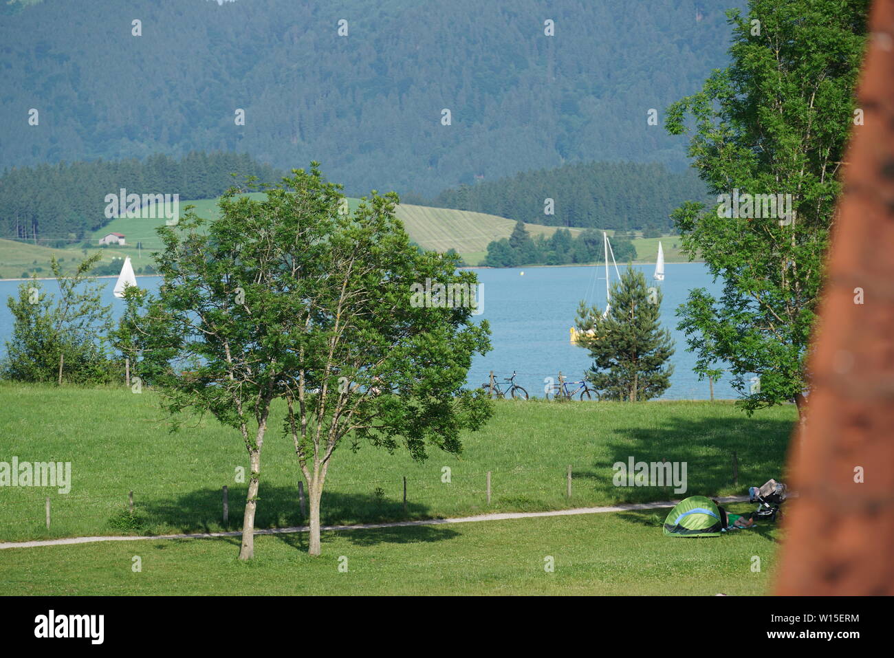 Schloss Neuschwanstein liegt am Fuße des Forggensee in Bayern Stockfoto