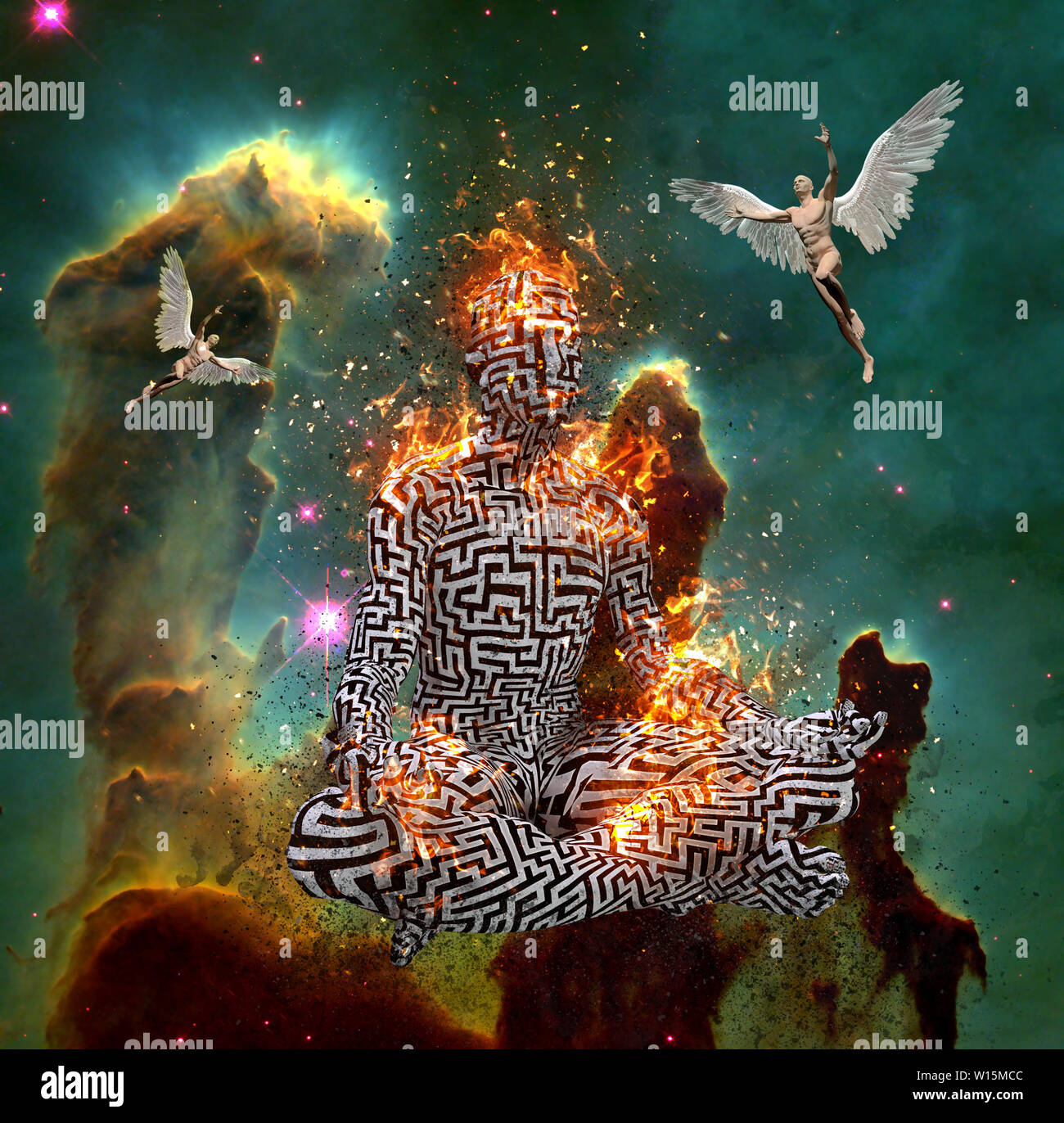 Surrealismus. Abbildung der Mann mit Labyrinth Muster im Lotussitz in Flammen. Männer mit Flügeln stellt Engel. 3D-Rendering Stockfoto
