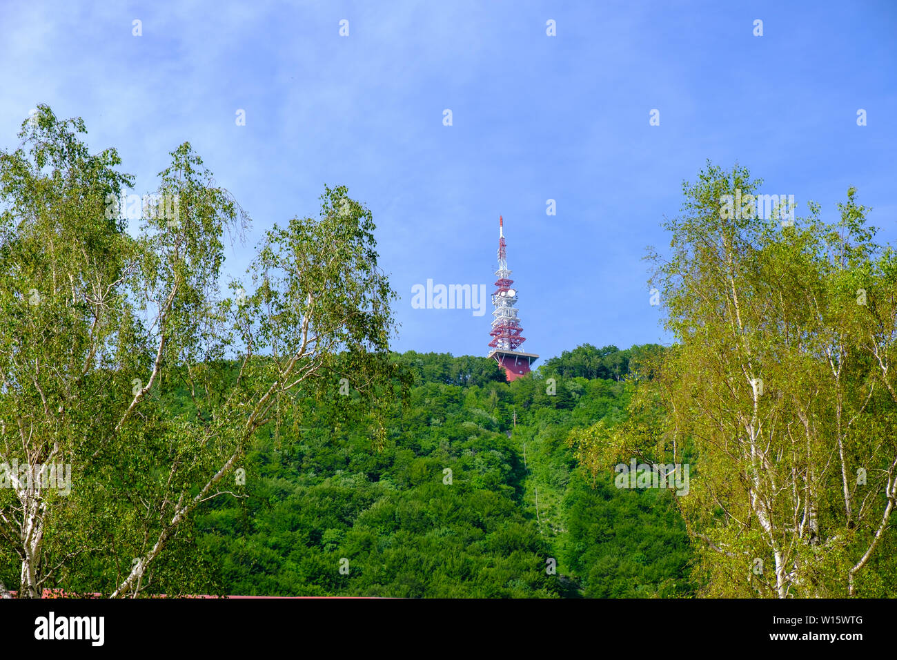 Kommunikation und Broadcast Tower auf der Spitze des Berges, der rote und weiße Antenne oben auf bewaldete Hang, Boc in Slowenien Stockfoto