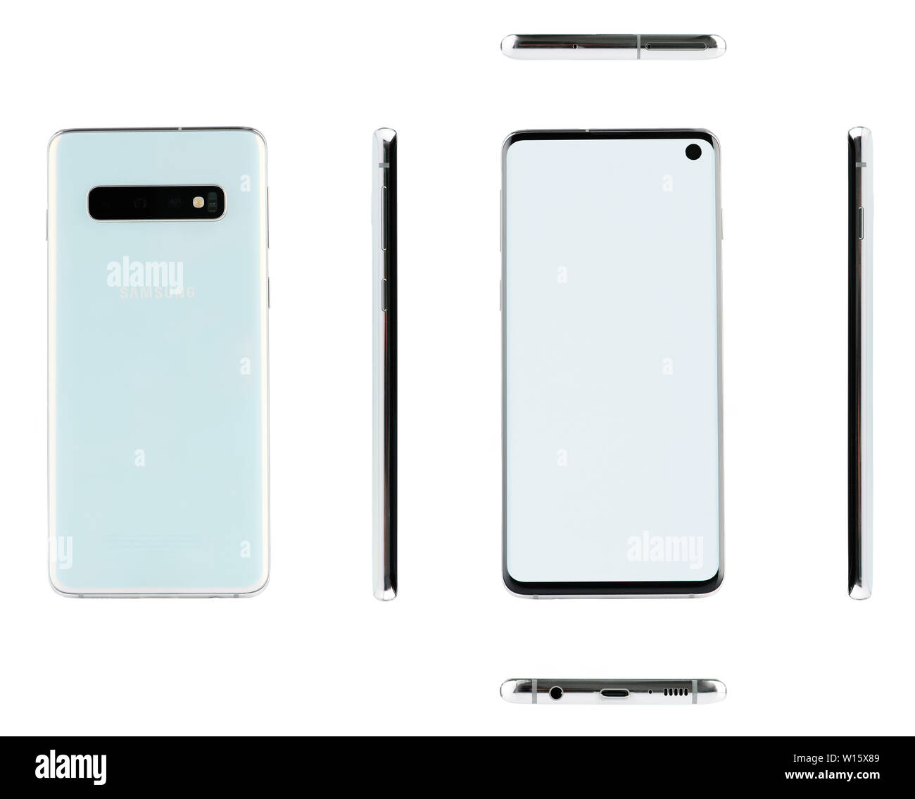 New York, USA - Juni 28, 2019: unterschiedliche Blick auf die weissen Samsung Galaxy S10 in Studio Hintergrund isoliert Stockfoto
