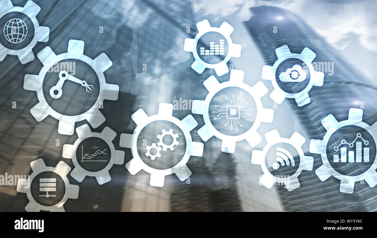 Automatisierungstechnik und smart Industrie Konzept auf unscharfen Abstrakt Hintergrund. Zahnräder und Symbole. Stockfoto