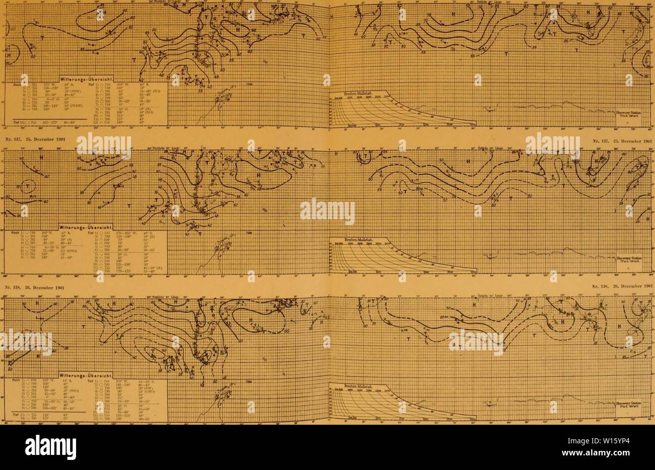 Archiv Bild ab Seite 194 der Deutschen Südpolar-Expedition, 1901-1903, im, Aufträge. Deutsche SÃ¼dpolar-Expedition, 1901-1903, im, Aufträge des Reichsamtes des Innern. deutschesdpola 1911 dtn Jahr: 1911 Deutsche SÃ¼dpolar-Expedition t901 - 3 Nr. ISTÂ". 24. Denmber 1901... Â ¢.-wi'IM 141 U0 '130' Meteorologischer Atlas. Tafel 16 Xr. 186. 24. Dezember IM] L [jWilterunftt - Ãberticht. Hoch Ich) - m 160 n.-,, Ich iisi i) rsj;.â¢Â"Â" S L-4'. 16 96 0. Â" 0 35 â â) 780 13 fr 1 â â 15 Ich '30a' â'Â'160-185 9) R "u" 32-j (r10). ,,; "Ich-ich, also&gt; Tief LI) r,.. N.v soÂ" 175 SS 12). 70 Stockfoto