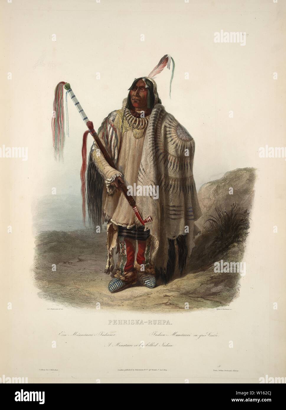 Pehriska-Ruhpa, ein Minatarre oder dickbäuchige Inder - Karl Bodmer Aquatinta von Reisen in das Innere von Nordamerika (Voyage dans l'Intérieur) Stockfoto