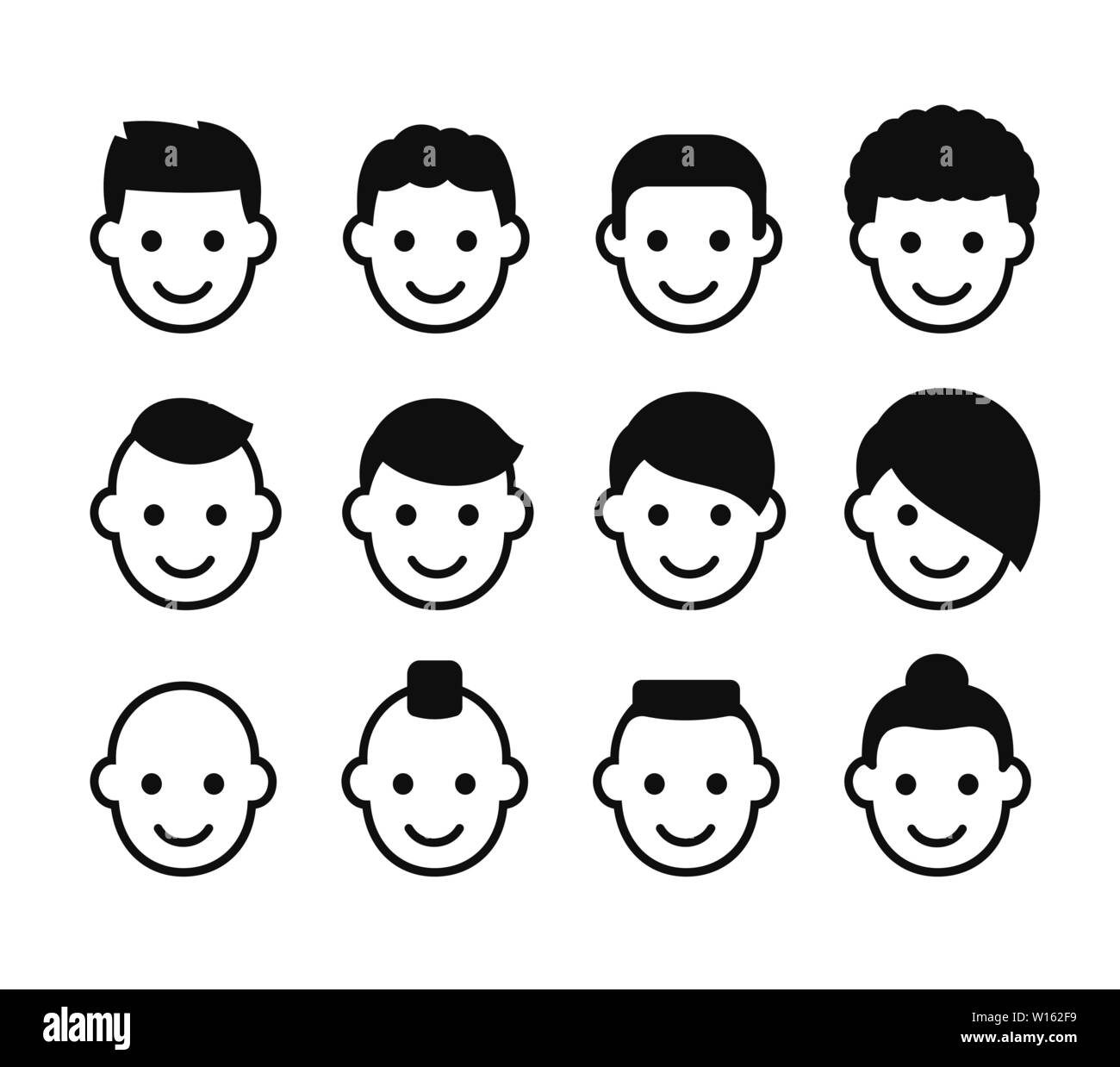 Männliche Haarschnitte Icon Set. Einfache Mann Gesicht Symbole mit unterschiedlichen Frisuren. Stilisierter Kopf Avatare Vector Illustration Collection. Stock Vektor