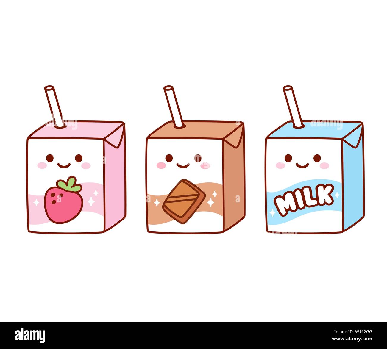 Cute cartoon Milch, Zeichen: Erdbeere, Schokolade und Milch. Kawaii Milchkartons mit Trinkhalm und lächelndes Gesicht. Isolierte Vektor cl Stock Vektor