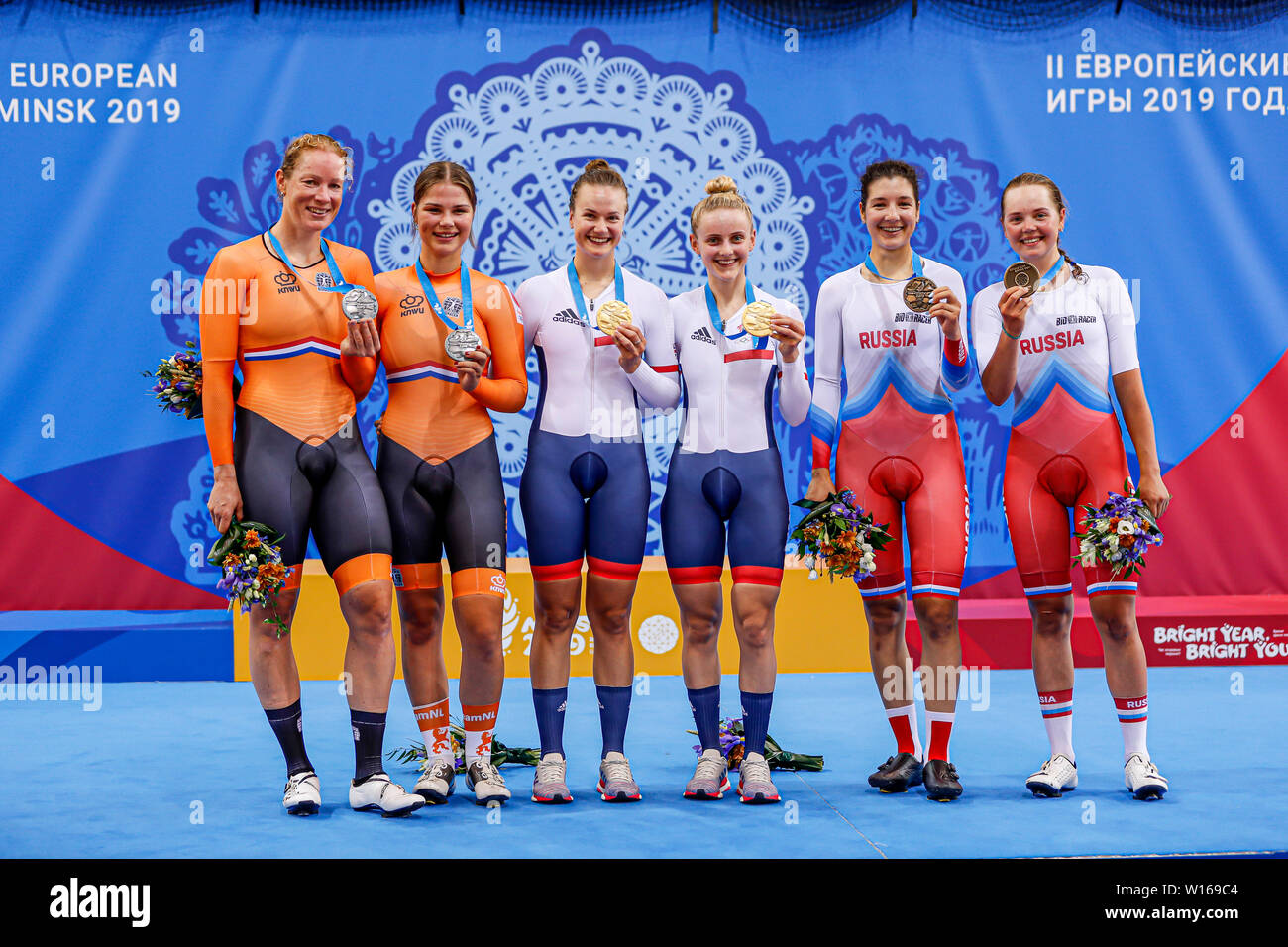 30-06-2019: Sportnieuws: Europese Spelen: Minsk Radfahren - Track: Frauen Madison Kirsten Wild der Niederlande und Amber van der Hulst der Niederlande Stockfoto