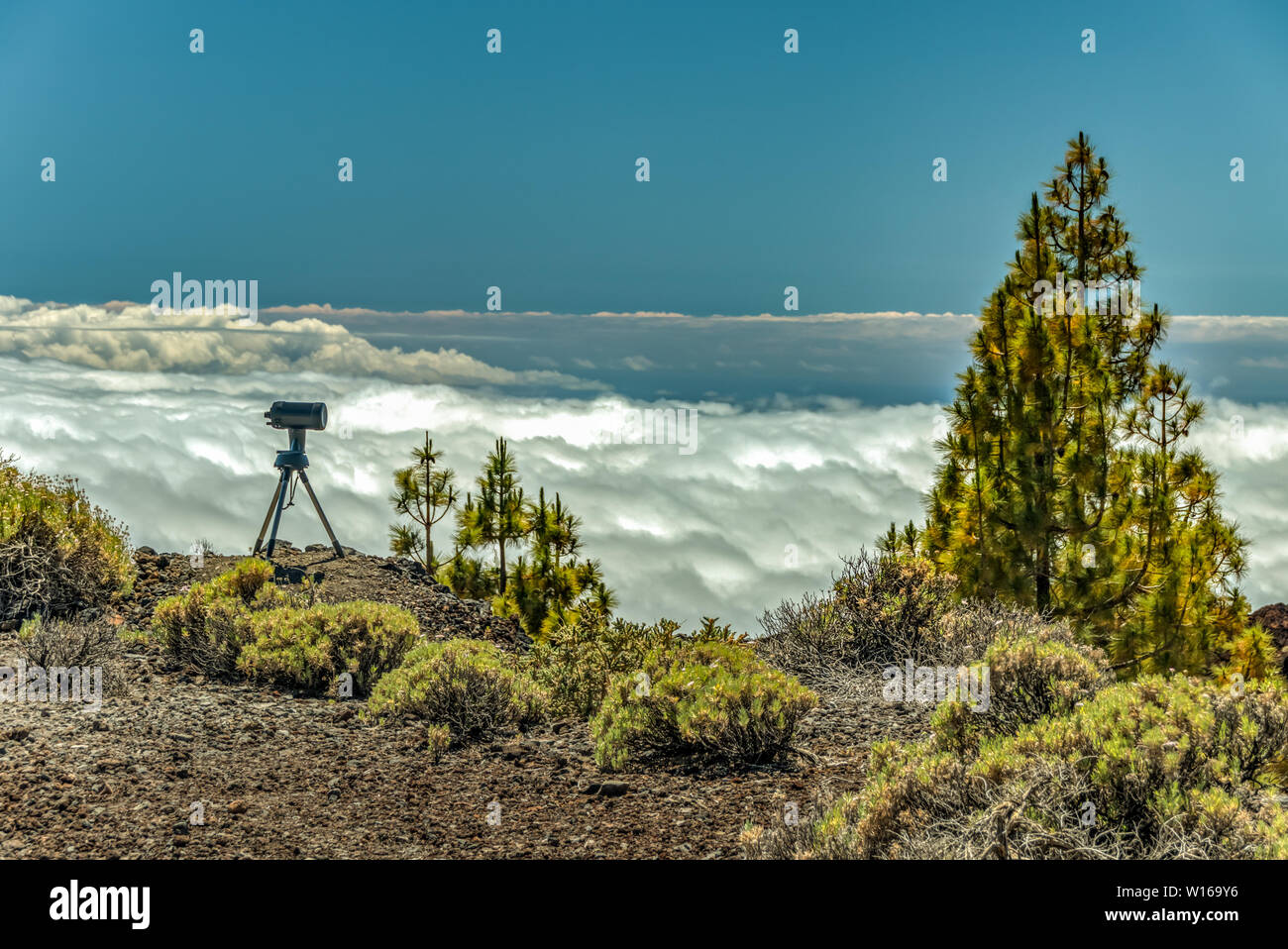 Berge und Kiefernwald in der Nähe von Vulkan Teide, teilweise durch die Wolken bedeckt. Strahlend blauen Himmel. Teleskop auf dem Stativ bereit, Beobachtung der Sonne. 10 Stockfoto