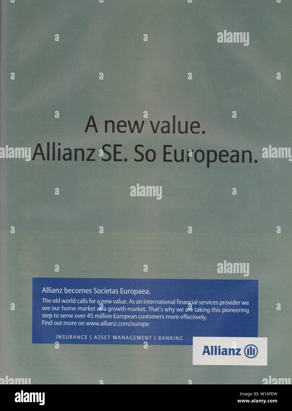 Poster Advertising Allianz SE in Papiermagazin aus 2006 Jahren, Werbung, kreative Allianz Advertising aus den 2000er Jahren Stockfoto