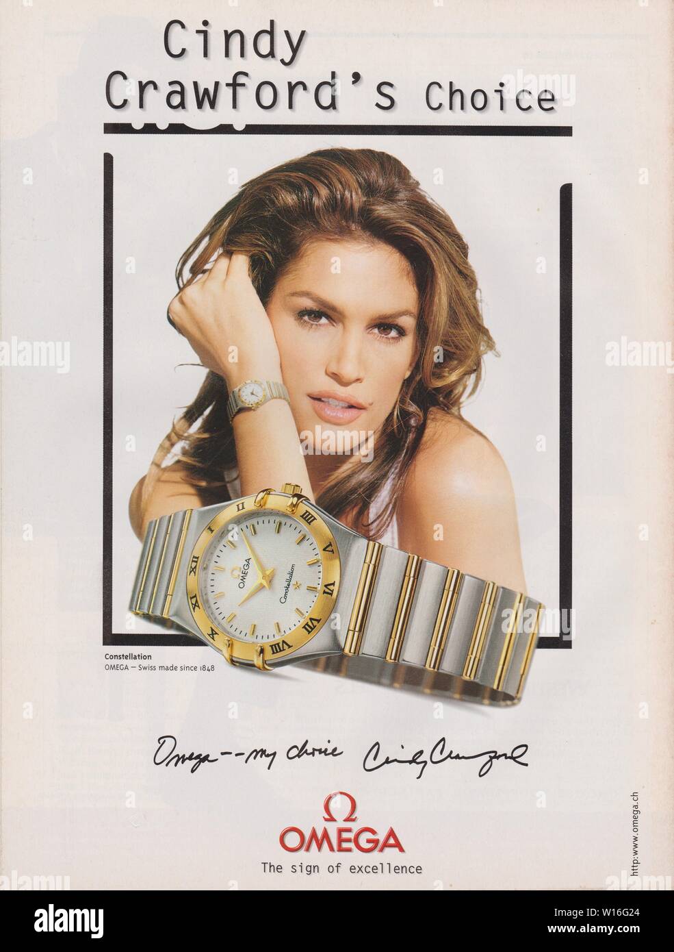 Plakat werbung Omega Watch, Zeitschrift 1997, Cindy Crawford's Choice Slogan, Werbung, kreative OMEGA Anzeige von 1990 s Stockfoto