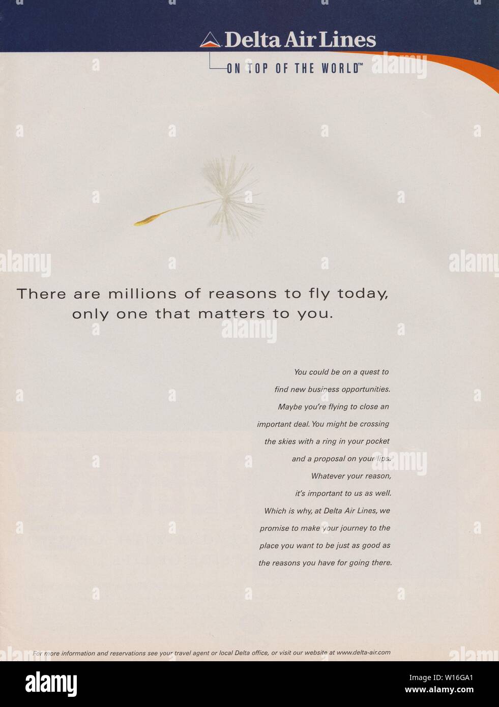 Plakatwerbung Delta Air Lines in Papiermagazin aus 1997 Jahren, Werbung, kreative Delta Air Lines Werbung aus den 1990er Jahren Stockfoto