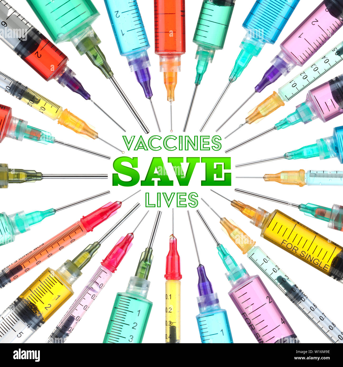 Die hellen und farbenfrohen Spritzen - Impfstoffe retten Leben Stockfoto