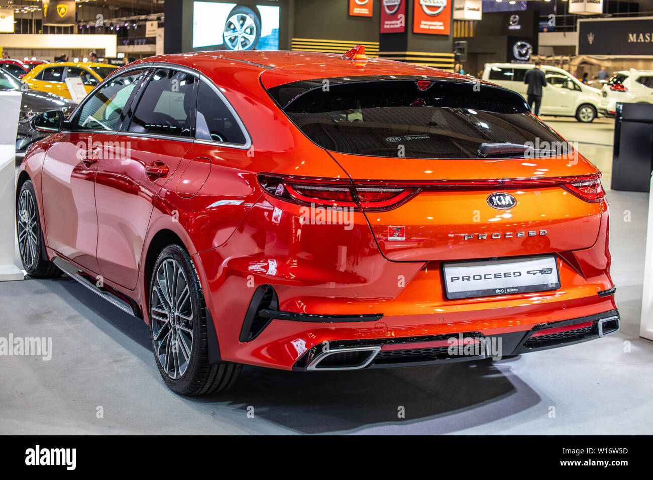 Poznan, Polen, März 2019 orange rot Kia GEHEN SIE GT-Line Kombi bei Poznan International Motor Show, Combi von Kia Motors hergestellt Stockfoto