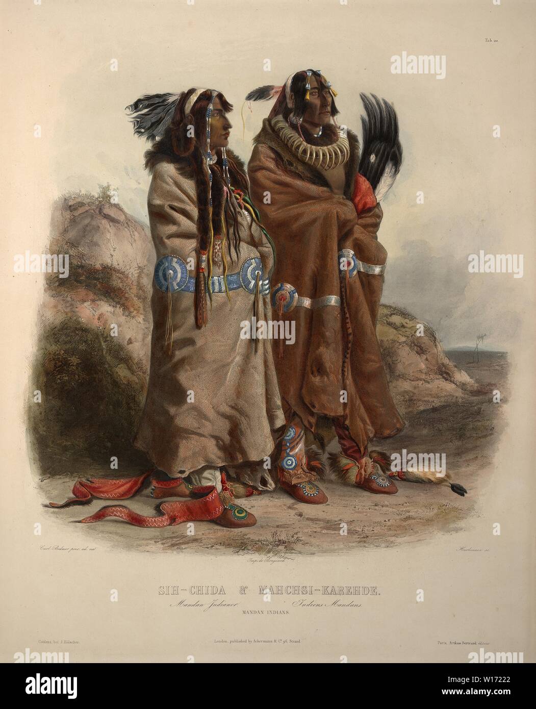 Sih-Chida & Mahchsi - Karahde, Mandan Indianer - Karl Bodmer Aquatinta von Reisen in das Innere von Nordamerika (Voyage dans l'Intérieur) Stockfoto