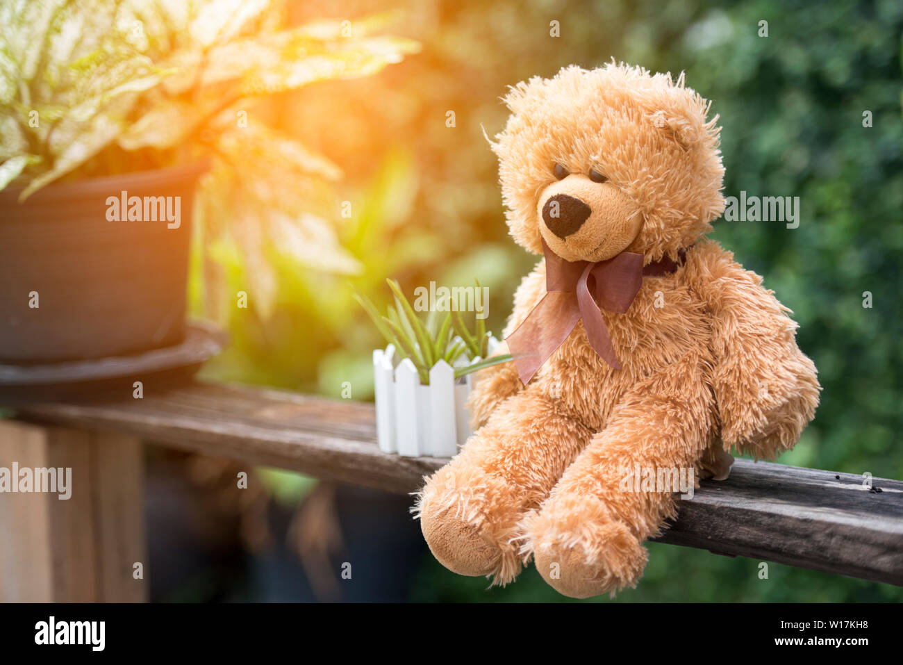 Teddy Bär schlafend auf dem Bett. Stockfoto