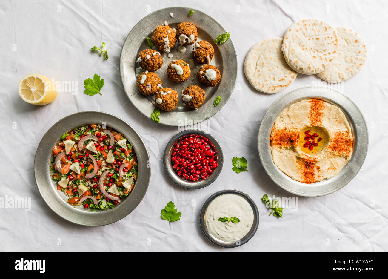 Auswahl an traditionellen arabischen und jüdischen gesundes Essen, vegan und vegetarisch Stockfoto